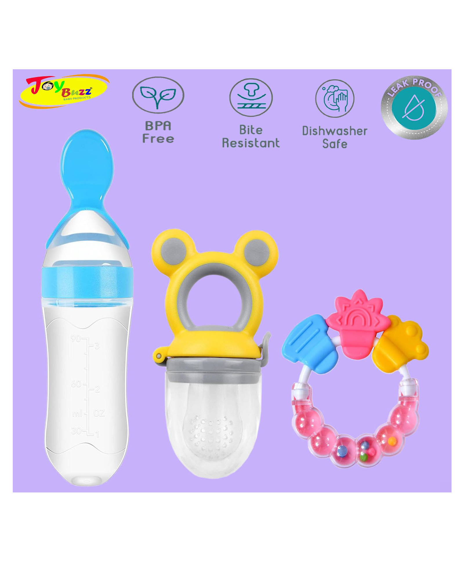 Joy Buzz Silicone Food Feeder Nibbler & Rattle Teether Combo Pack Of 2- Multicolor-picture-42