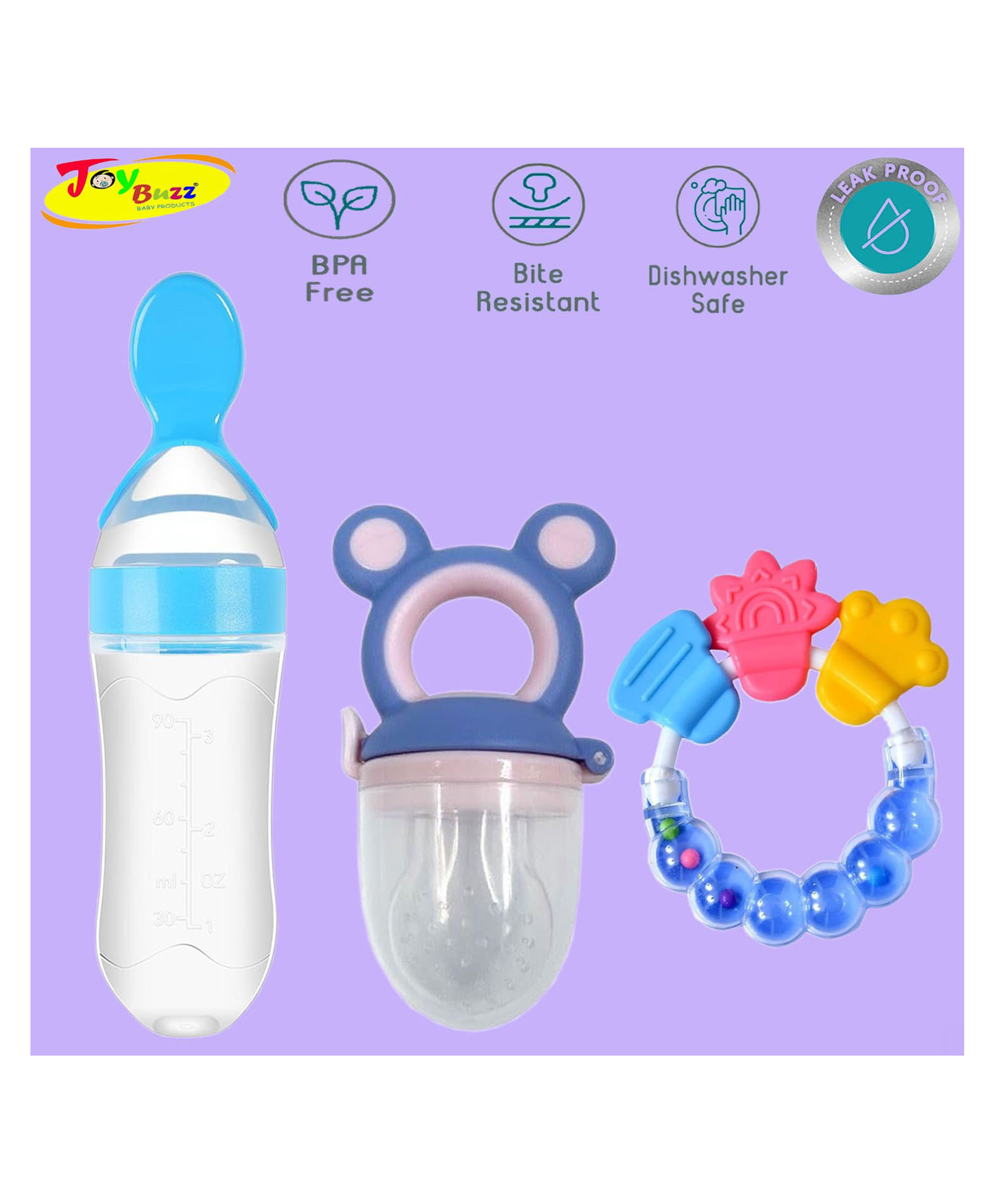 Joy Buzz Silicone Food Feeder Nibbler & Rattle Teether Combo - Multicolor-picture-38