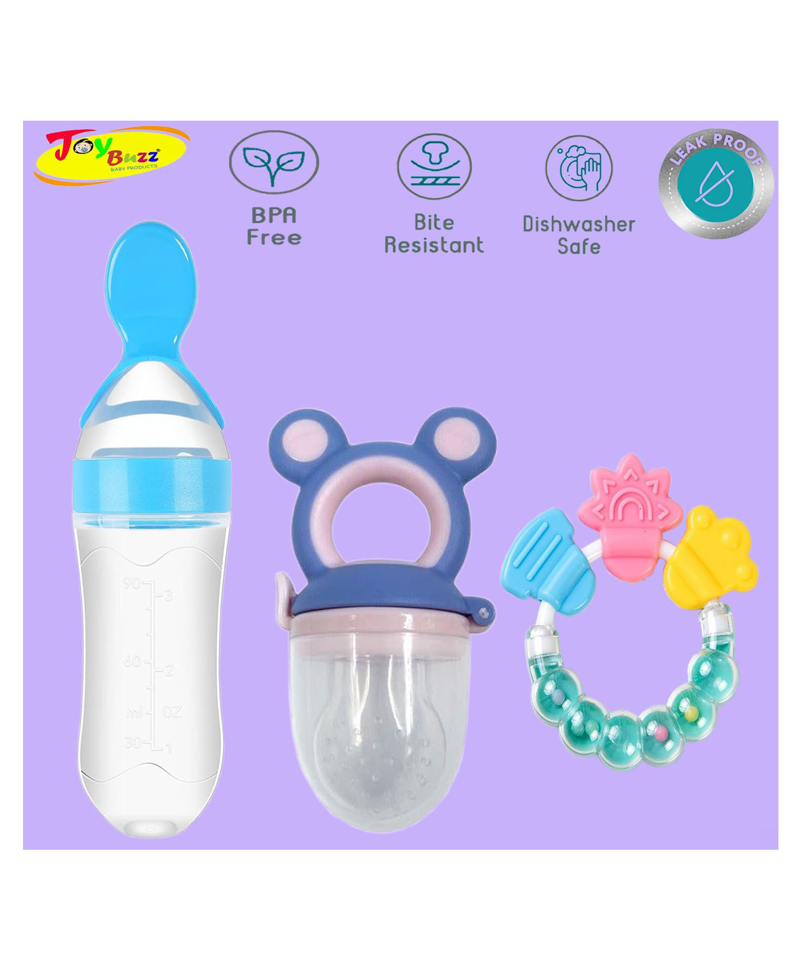Joy Buzz Silicone Food Feeder Nibbler & Rattle Teether Combo - Multicolor-picture-45