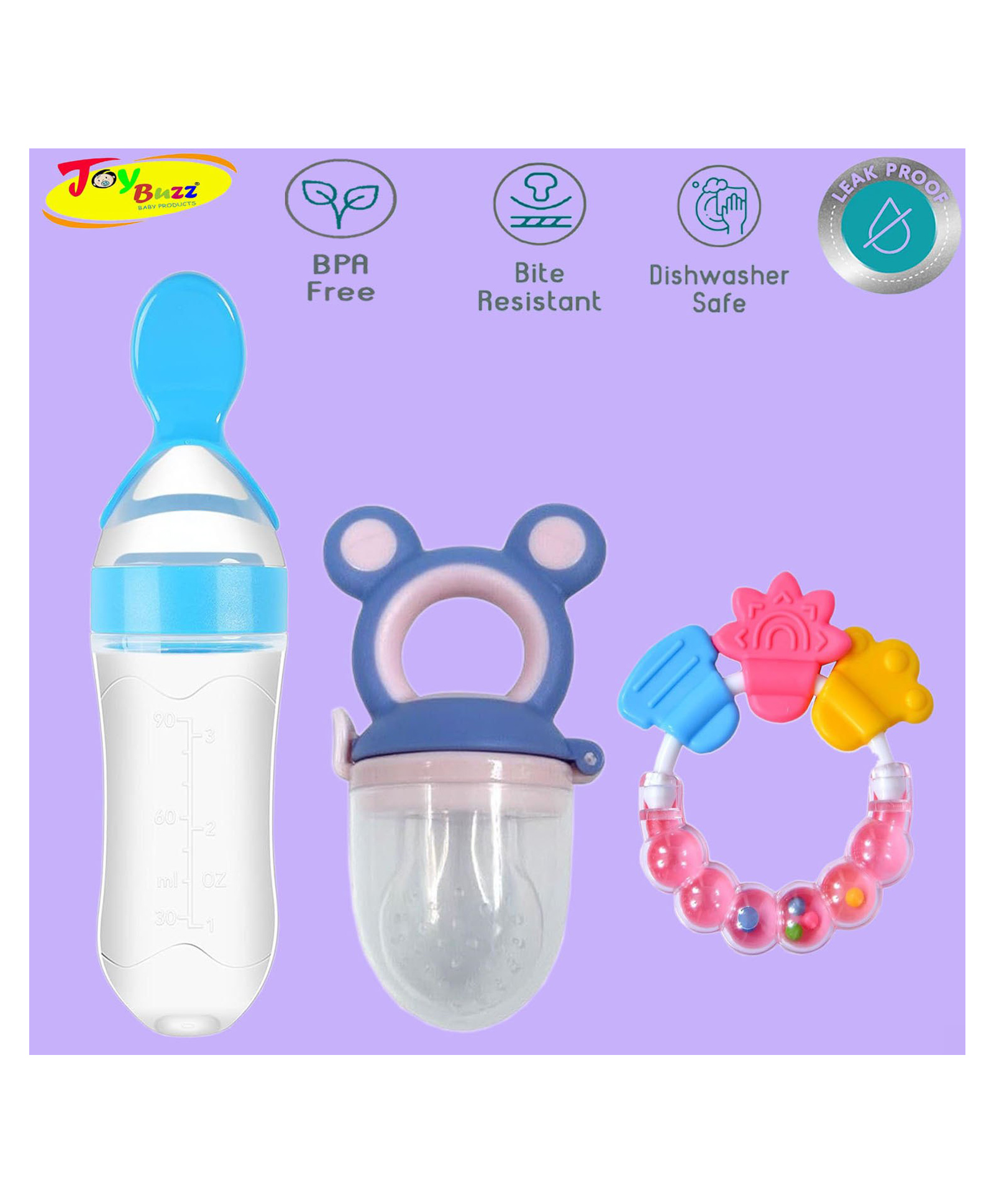 Joy Buzz Silicone Food Feeder Nibbler & Rattle Teether Combo - Multicolor-picture-43
