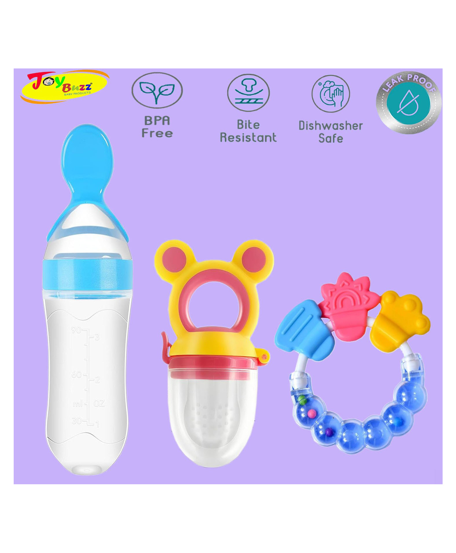 Joy Buzz Silicone Food Feeder Nibbler & Rattle Teether Combo - Multicolor-picture-39