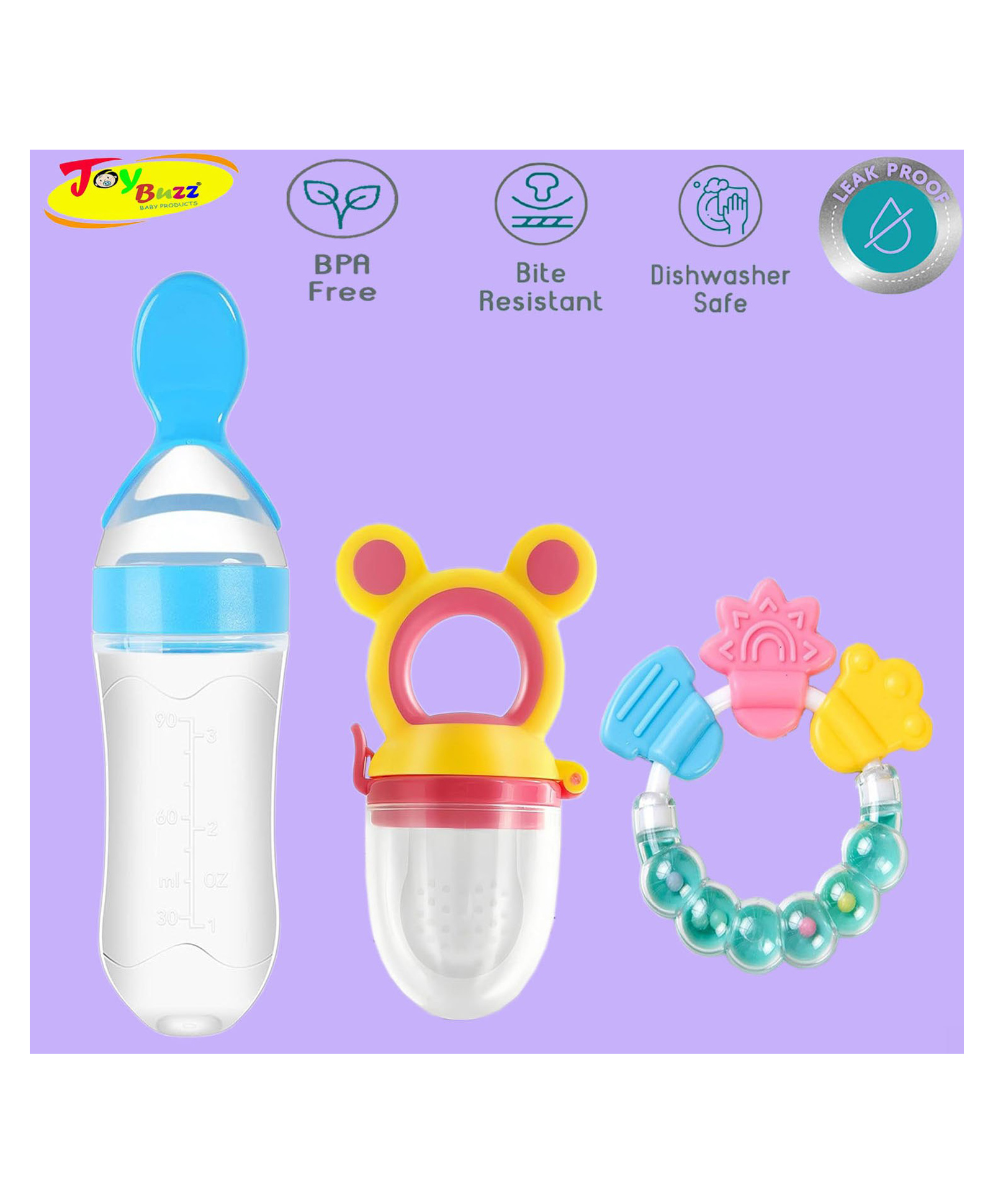 Joy Buzz Silicone Food Feeder Nibbler & Rattle Teether Combo - Multicolor-picture-34