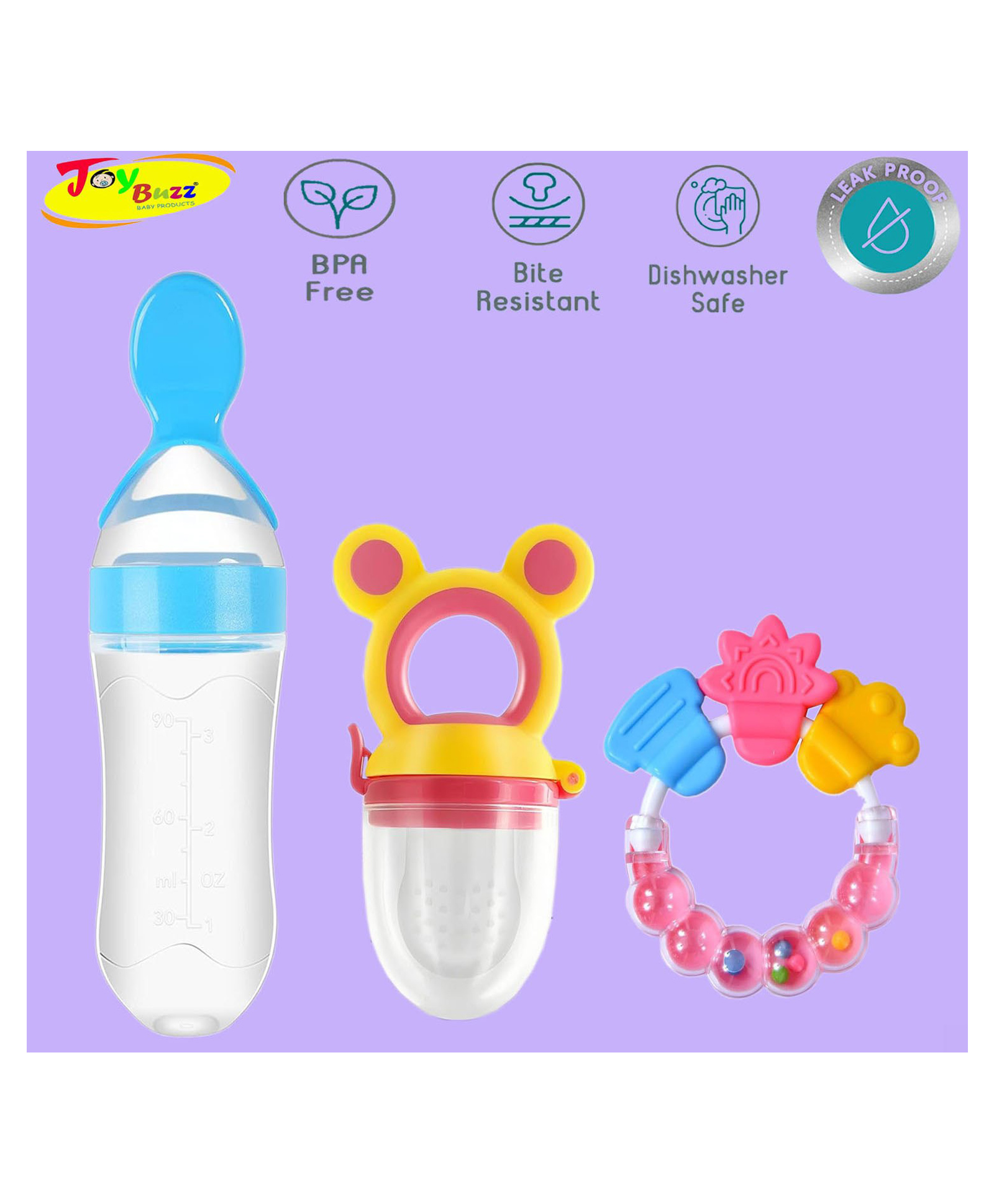 Joy Buzz Silicone Food Feeder Nibbler & Rattle Teether Combo - Multicolor-picture-37