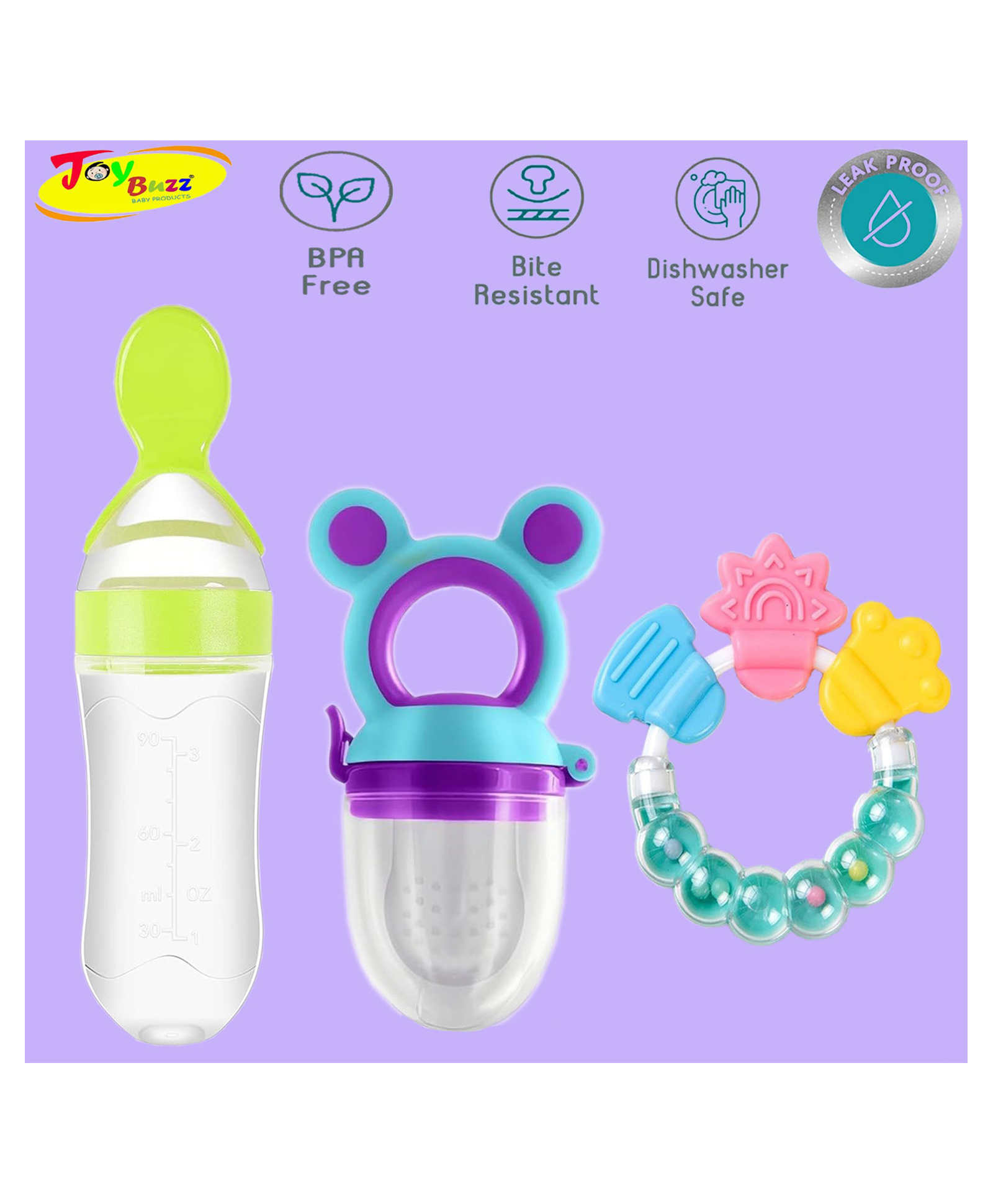 Joy Buzz Baby Food Feeder Nibbler & Rattle Teether Combo - Multicolor-picture-44