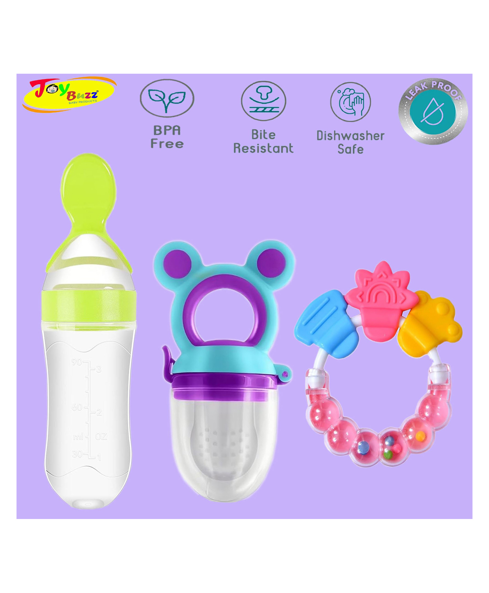 Joy Buzz Baby Food Feeder Nibbler & Rattle Teether Combo - Multicolor-picture-24