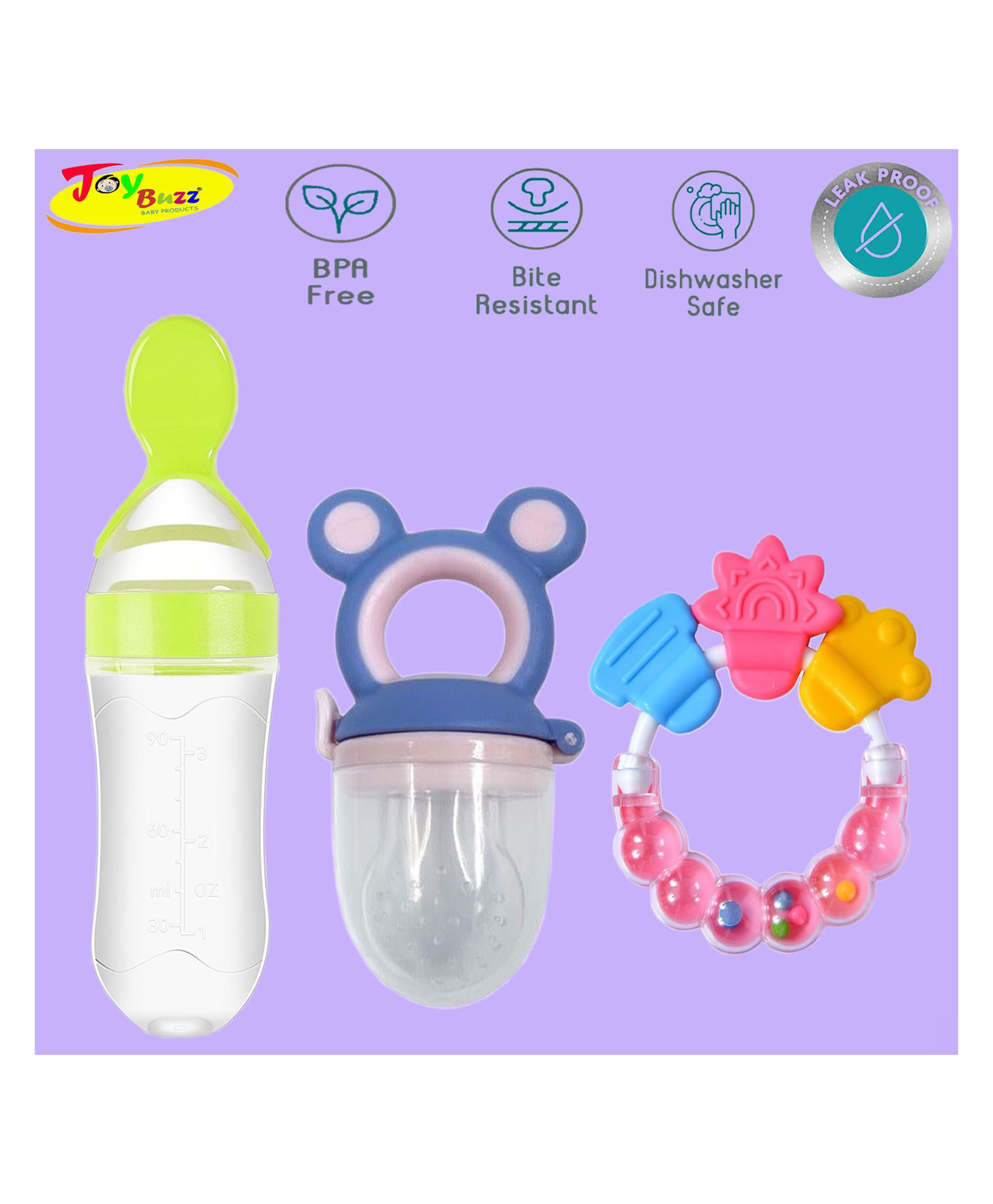 Joy Buzz Baby Food Feeder Nibbler & Rattle Teether Combo - Multicolor-picture-32