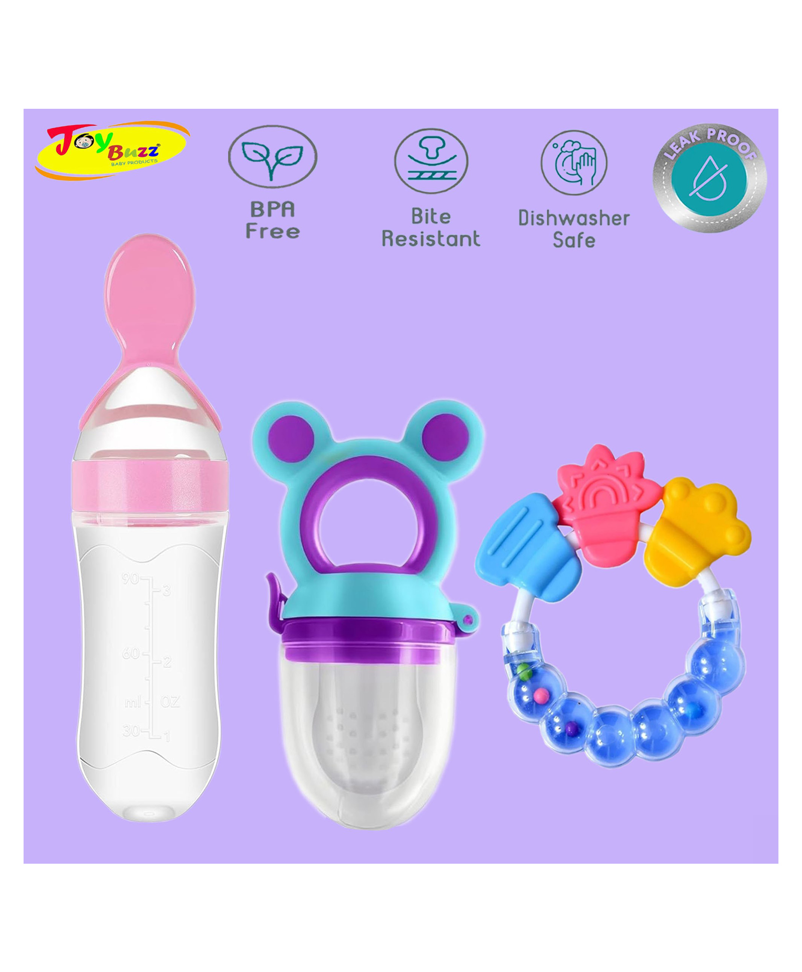 Joy Buzz Baby Food Feeder Nibbler & Rattle Teether Combo - Multicolor-image-38