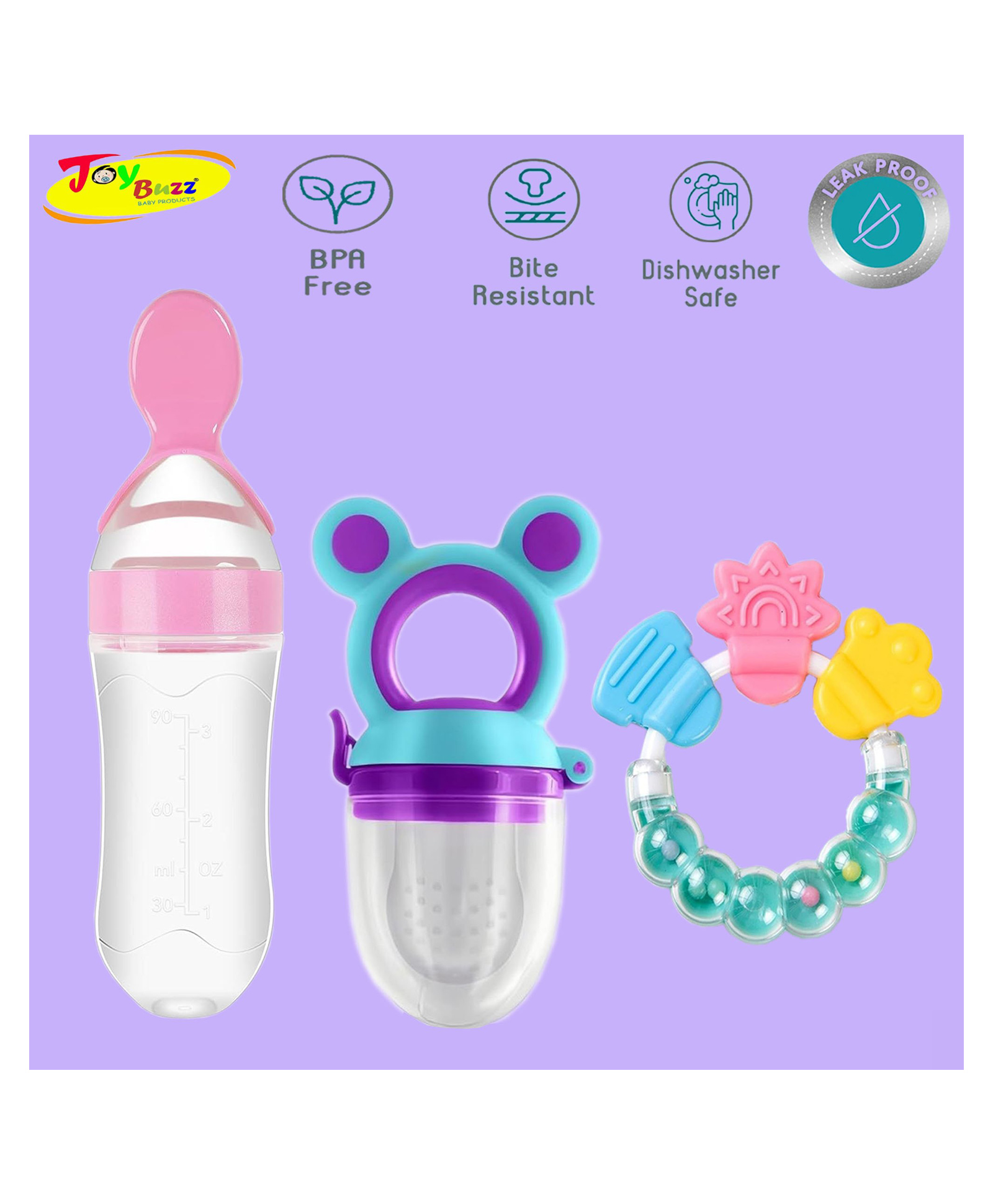 Joy Buzz Baby Food Feeder Nibbler & Rattle Teether Combo - Multicolor-picture-29