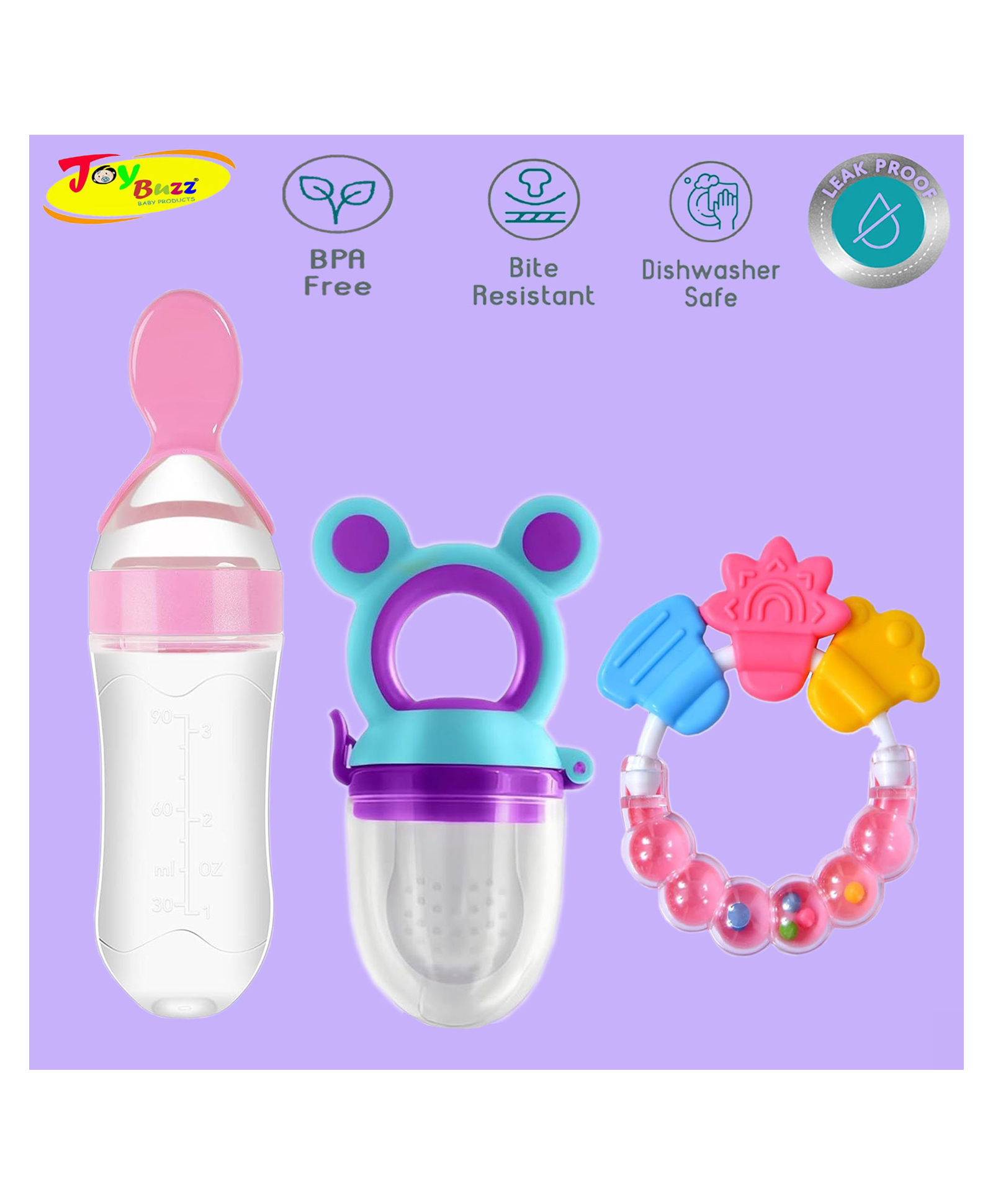 Joy Buzz Baby Food Feeder Nibbler & Rattle Teether Combo - Multicolor-picture-6