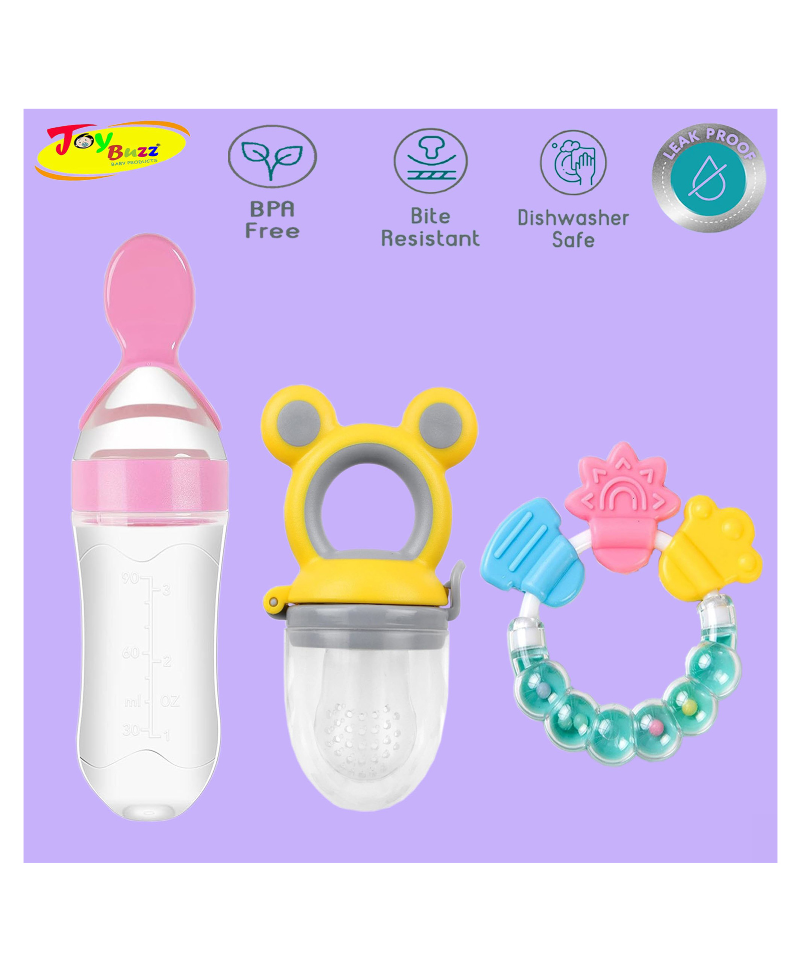 Joy Buzz Baby Food Feeder Nibbler & Rattle Teether Combo - Multicolor-picture-25