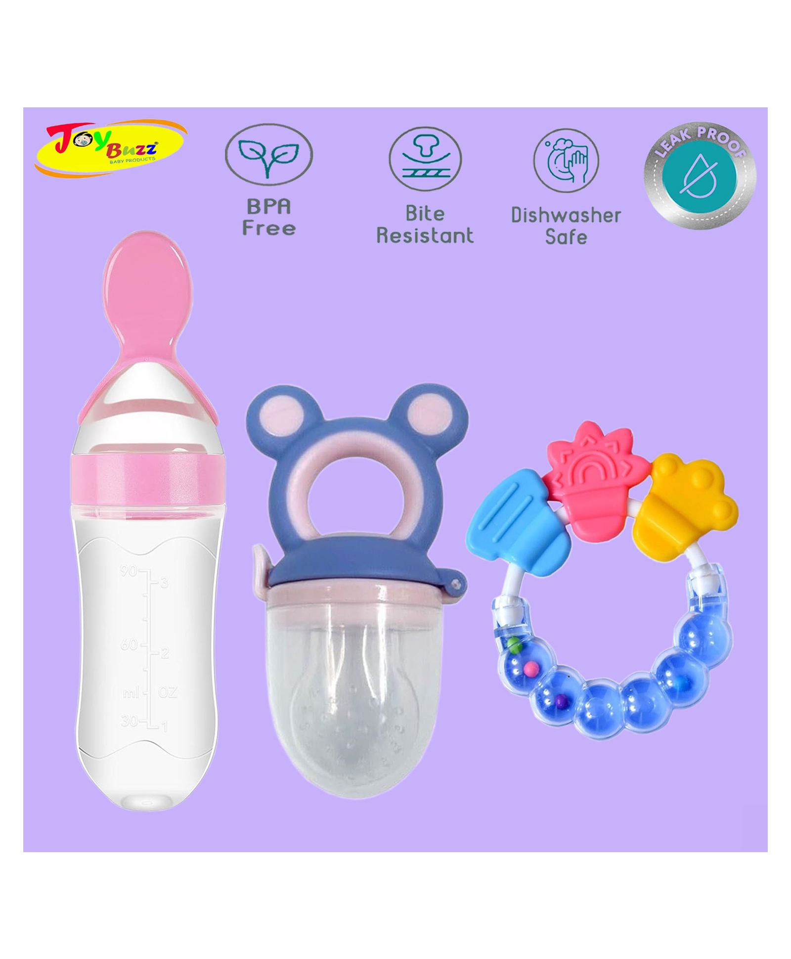 Joy Buzz Baby Food Feeder Nibbler & Rattle Teether Combo - Multicolor-picture-1