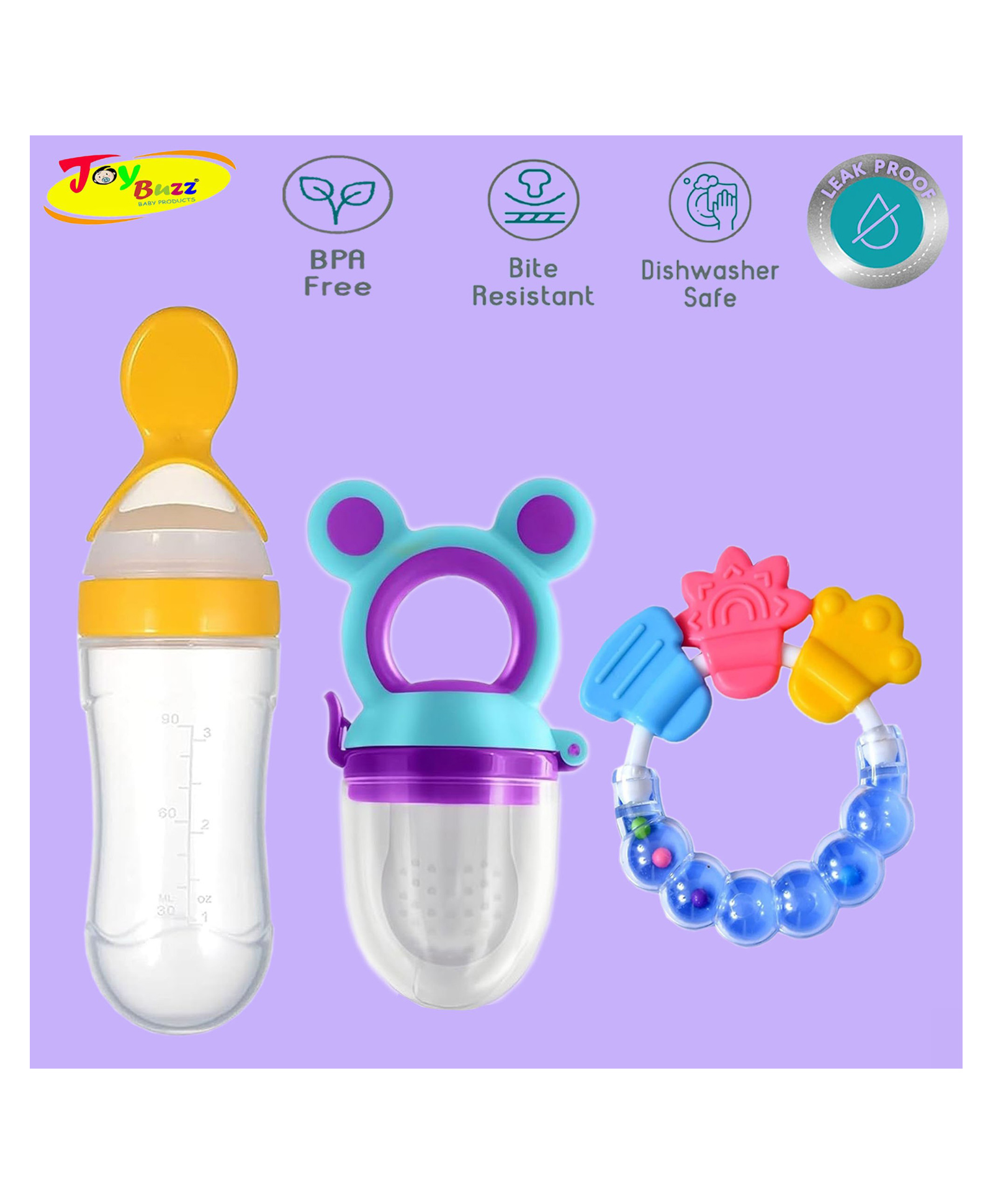 Joy Buzz Baby Food Feeder Nibbler & Rattle Teether Combo - Multicolor-picture-10