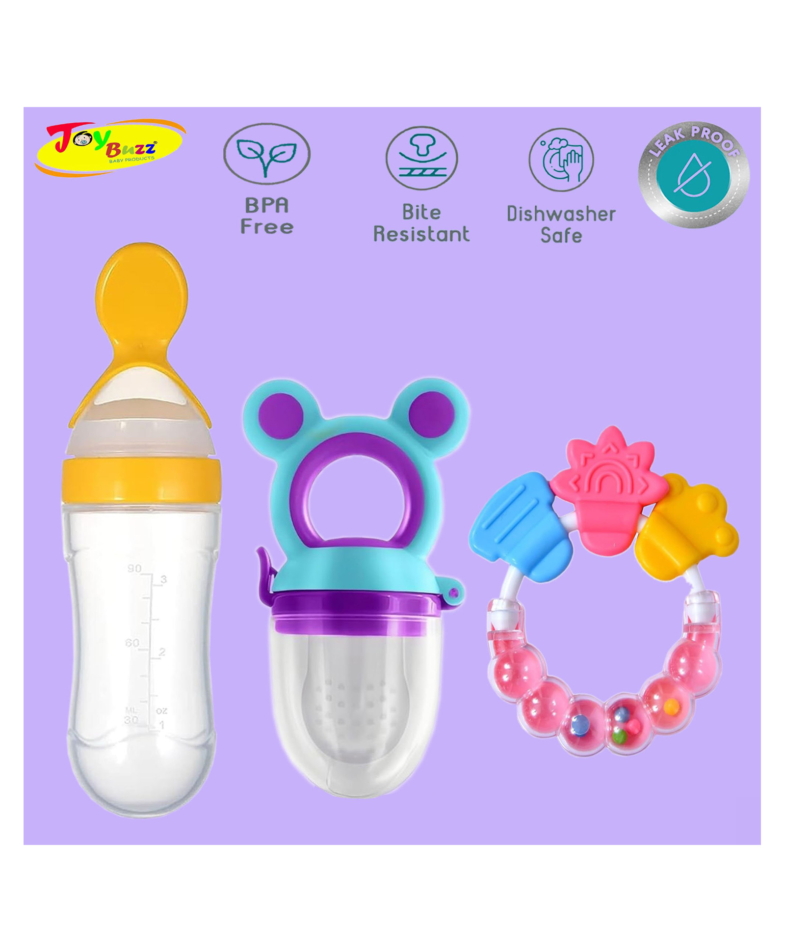 Joy Buzz Baby Food Feeder Nibbler & Rattle Teether Combo - Multicolor-picture-11