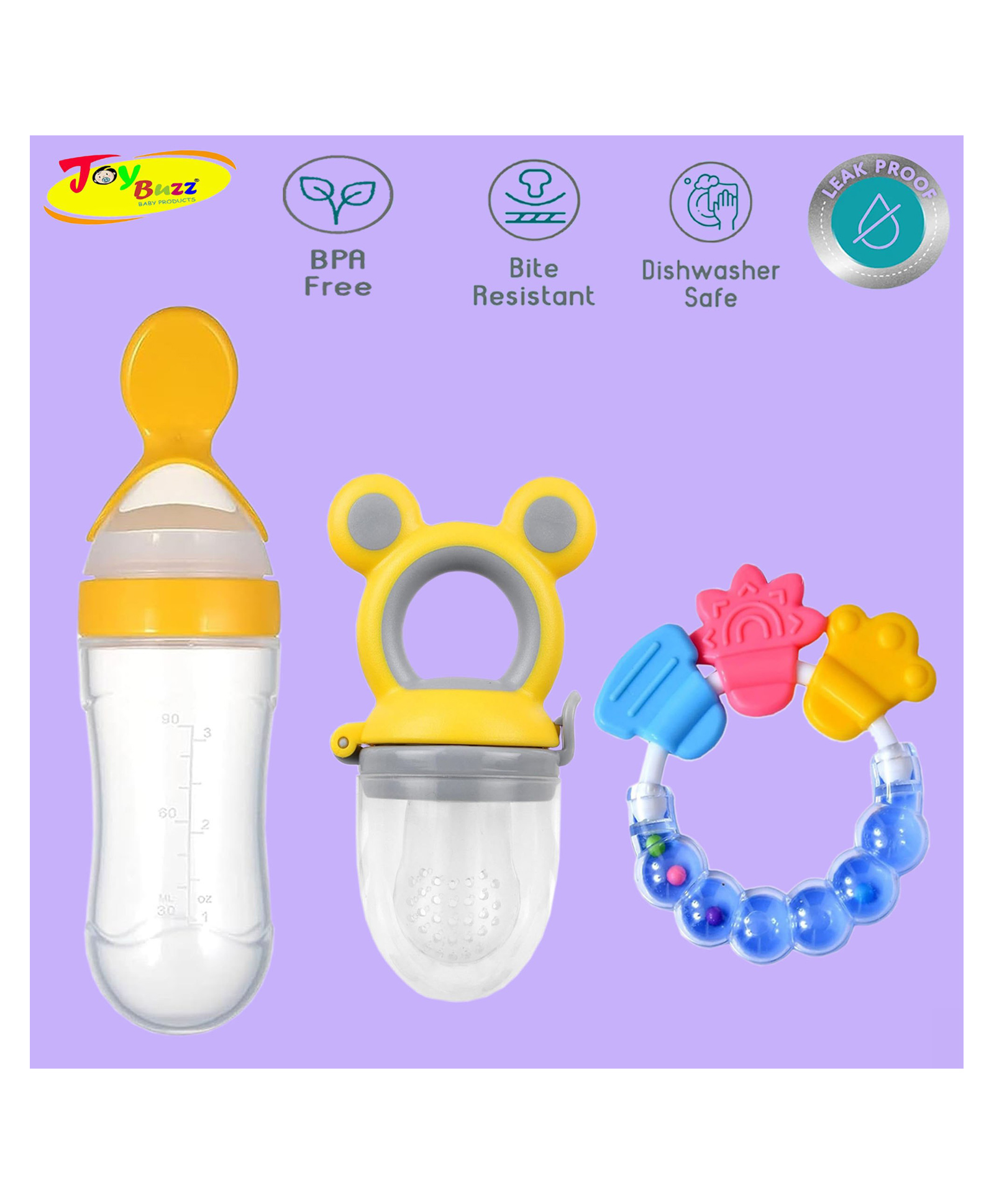 Joy Buzz Baby Food Feeder Nibbler & Rattle Teether Combo - Multicolor-picture-7