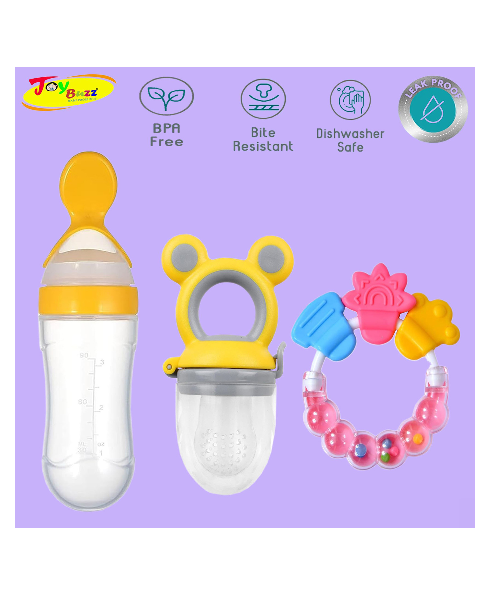 Joy Buzz Baby Food Feeder Nibbler & Rattle Teether Combo - Multicolor-picture-2