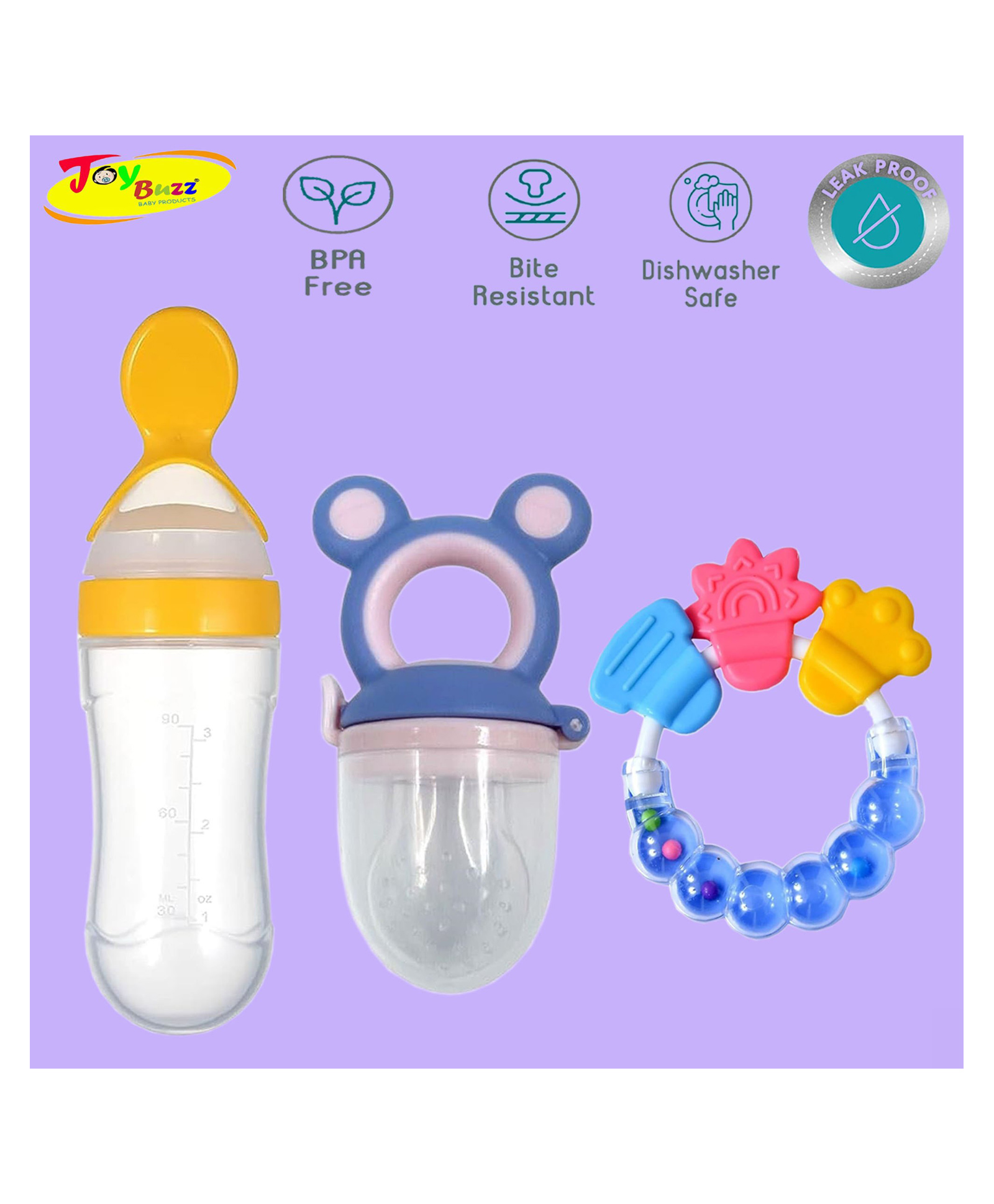 Joy Buzz Baby Food Feeder Nibbler & Rattle Teether Combo - Multicolor-picture-0