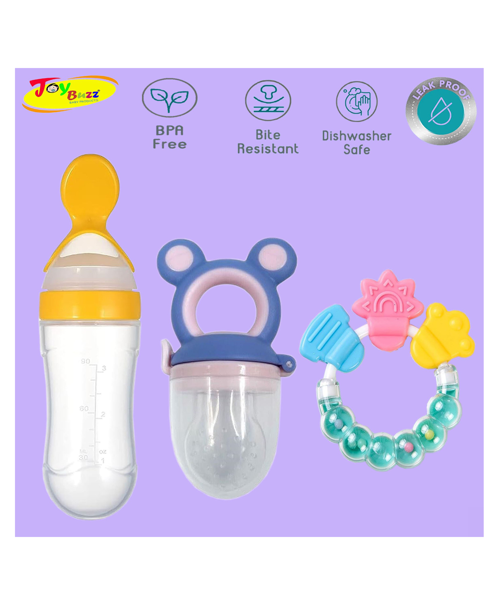 Joy Buzz Baby Food Feeder Nibbler & Rattle Teether Combo - Multicolor-picture-5