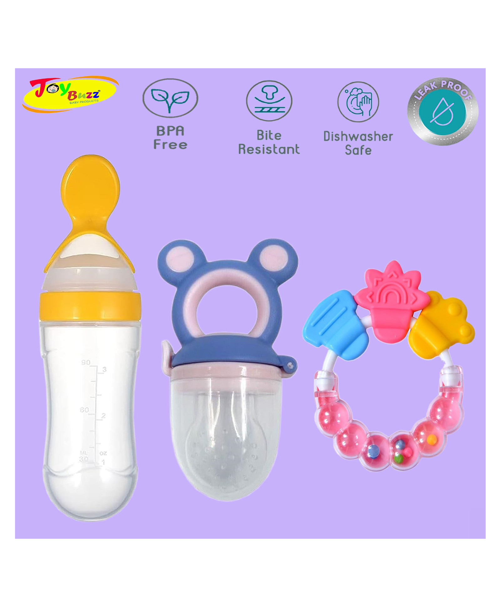 Joy Buzz Baby Food Feeder Nibbler & Rattle Teether Combo - Multicolor-picture-3