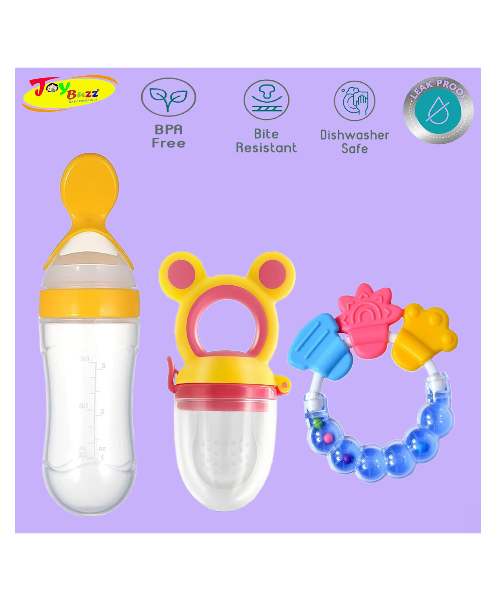 Joy Buzz Baby Food Feeder Nibbler & Rattle Teether Combo - Multicolor-picture-4