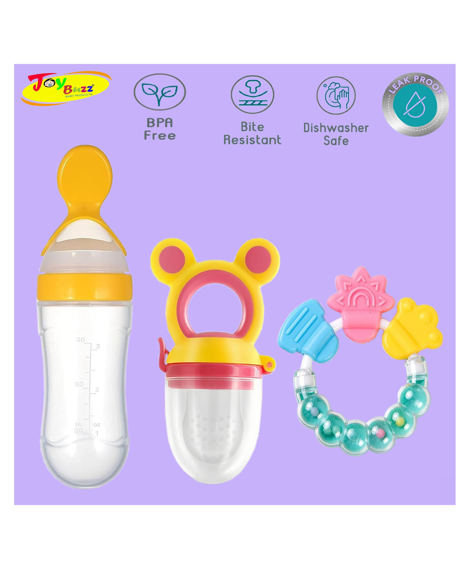 Joy Buzz Baby Food Feeder Nibbler & Rattle Teether Combo - Multicolor-picture-1