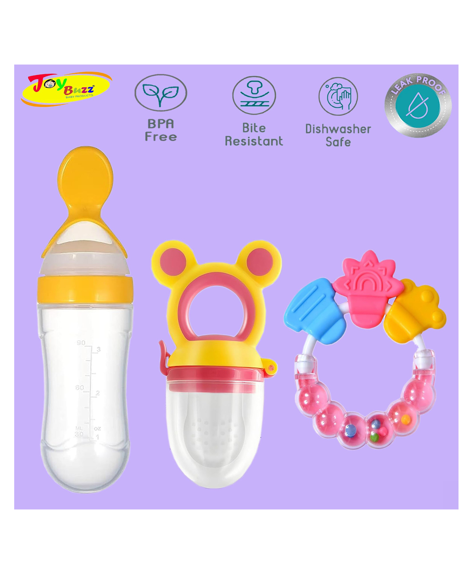 Joy Buzz Baby Food Feeder Nibbler & Rattle Teether Combo - Multicolor-picture-9