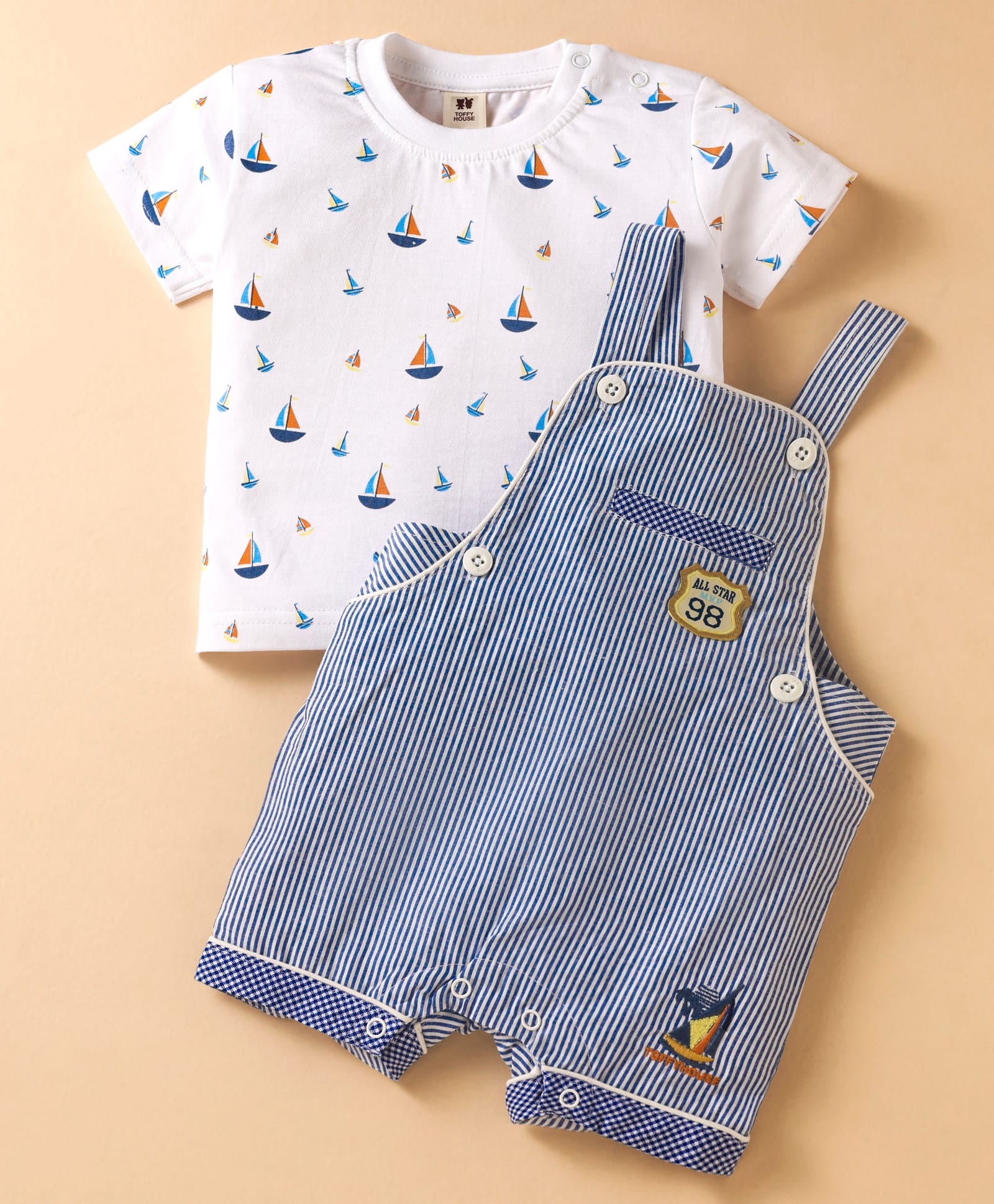 ToffyHouse Cotton Knit Dungaree & Half Sleeves T-Shirt With Boat Print & Embroidery - Royal Blue & White-image-9
