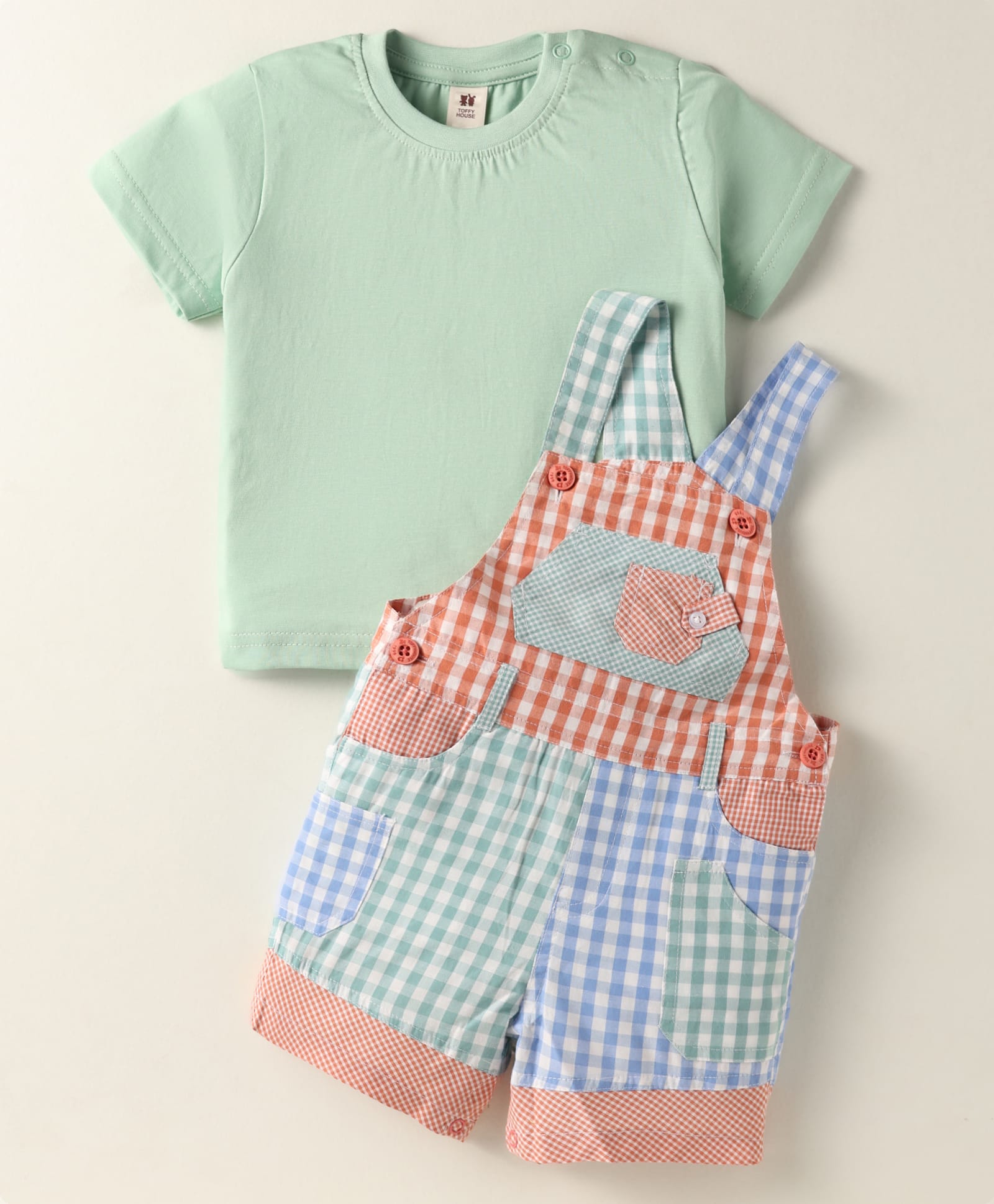 ToffyHouse Cotton Woven Checkered Dungaree with Half Sleeves Inner Tee - Light Green-image-12