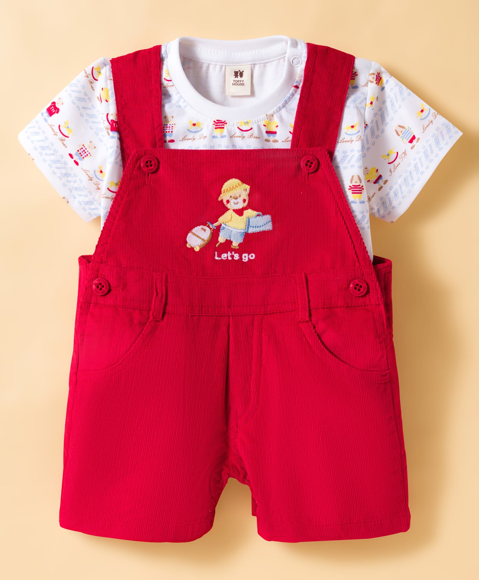 ToffyHouse Cotton Knit Dungaree & Half Sleeves T-Shirt With Animal Print & Embroidery - Red & White-image-10