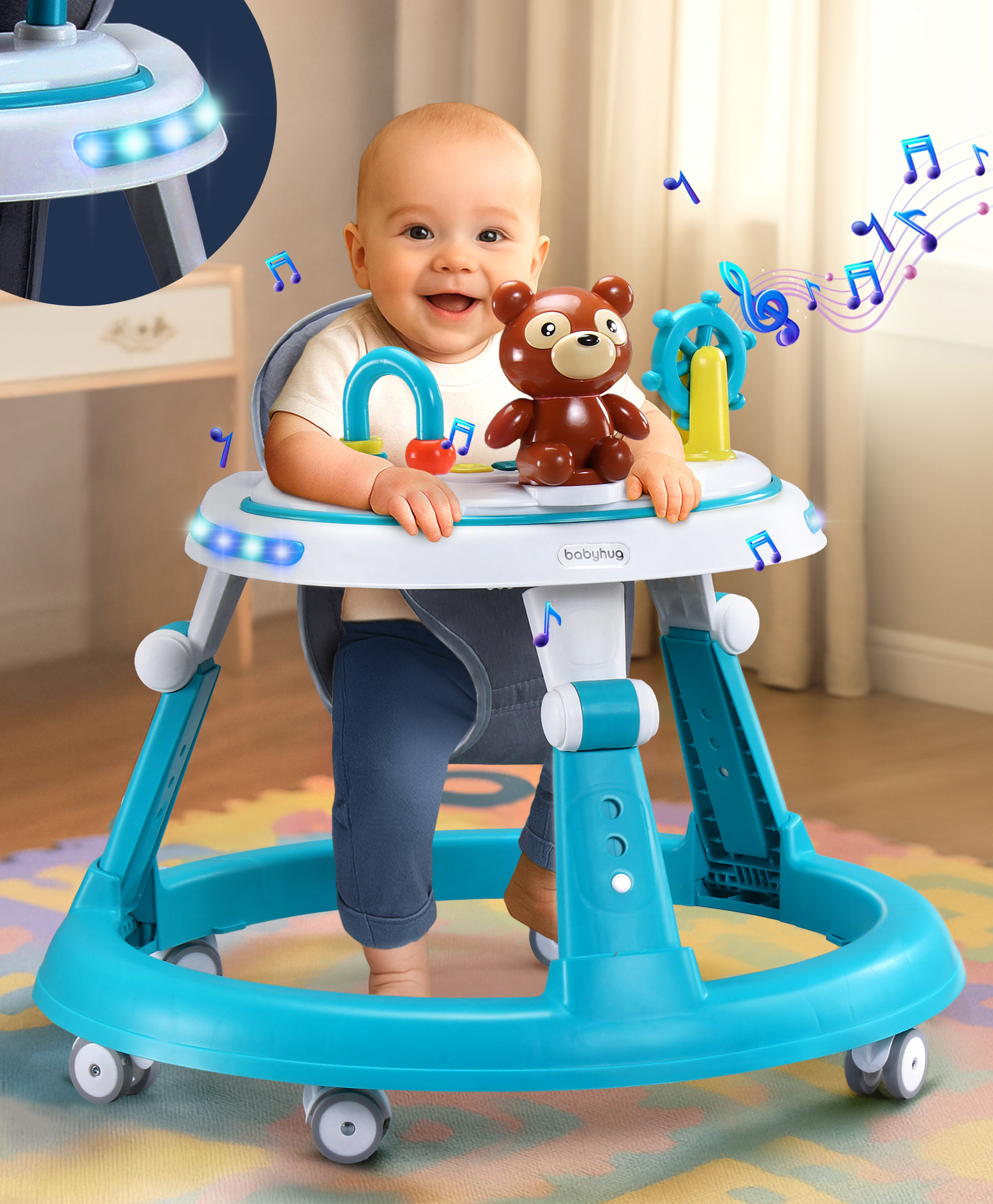 Babyhug Monkey Foldable Baby Walker with Toy Bar Music & Lights - Teal Blue| Adjustable Height| 360° Swivel Wheels| Detachable Toy Bar