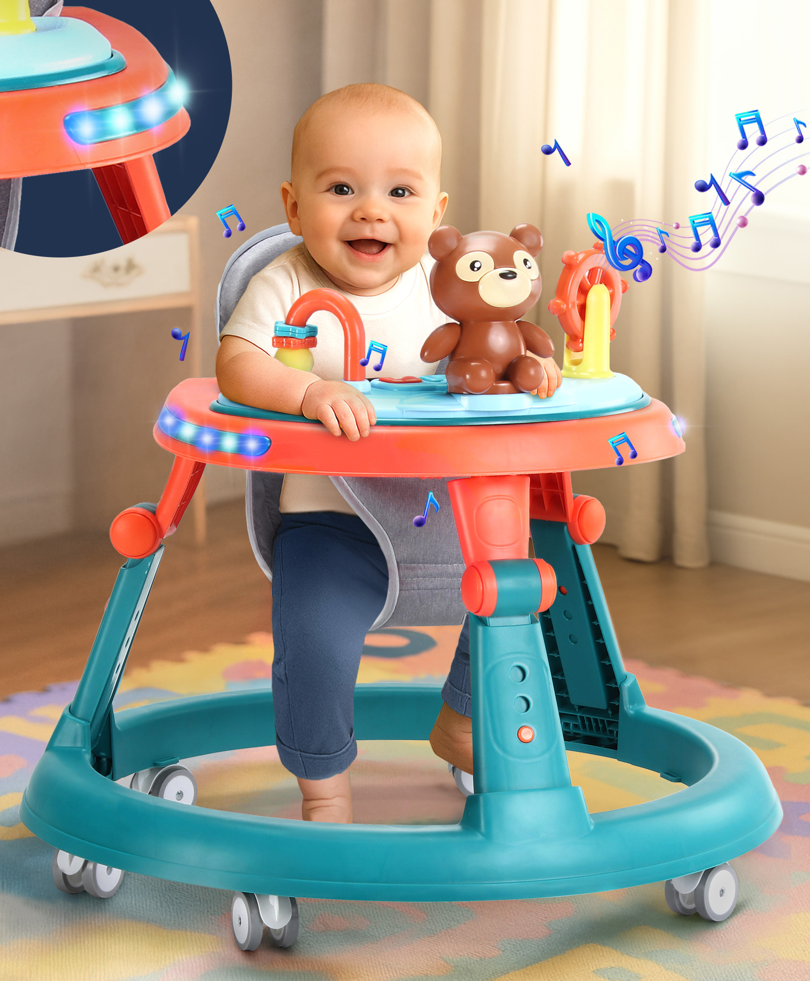 Babyhug Foldable Teddy Bear Baby Walker with Toy Bar Music & Lights - Teal Blue
