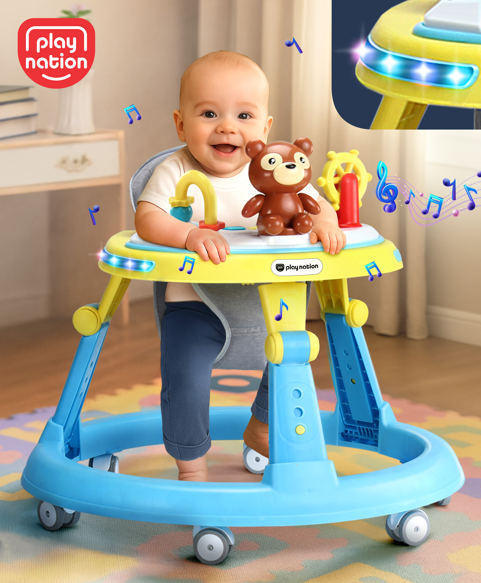 Play Nation Teddy Bear Foldable Baby Walker with Toy Bar Music & Lights| Adjustable Height| 360° Swivel Wheels| Detachable Toy Bar - Blue