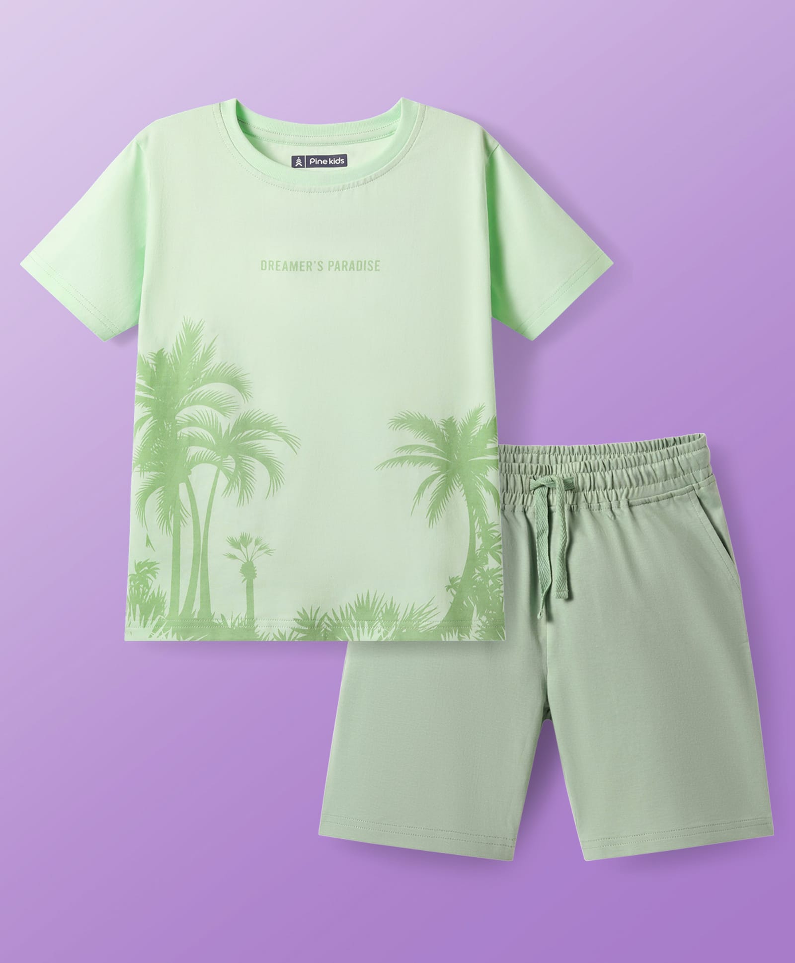 Pine Kids Single Jersey Knit Half Sleeves Shorts Night Suit with Coconut Tree Print - Light Green-image-35