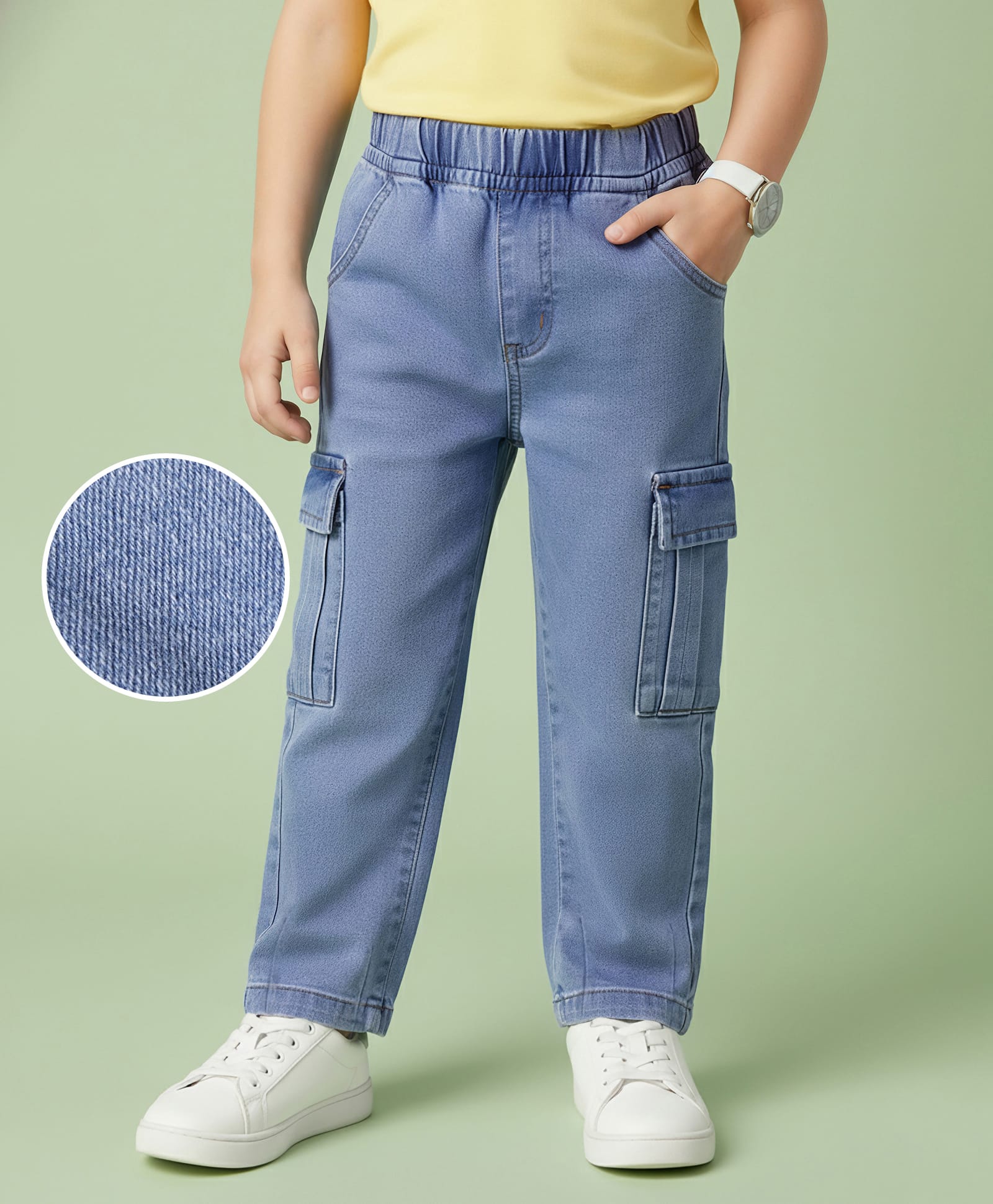 Kookie Kids Denim Full Length Jeans With Cargo Pocket Detailing- Light Blue-image-26