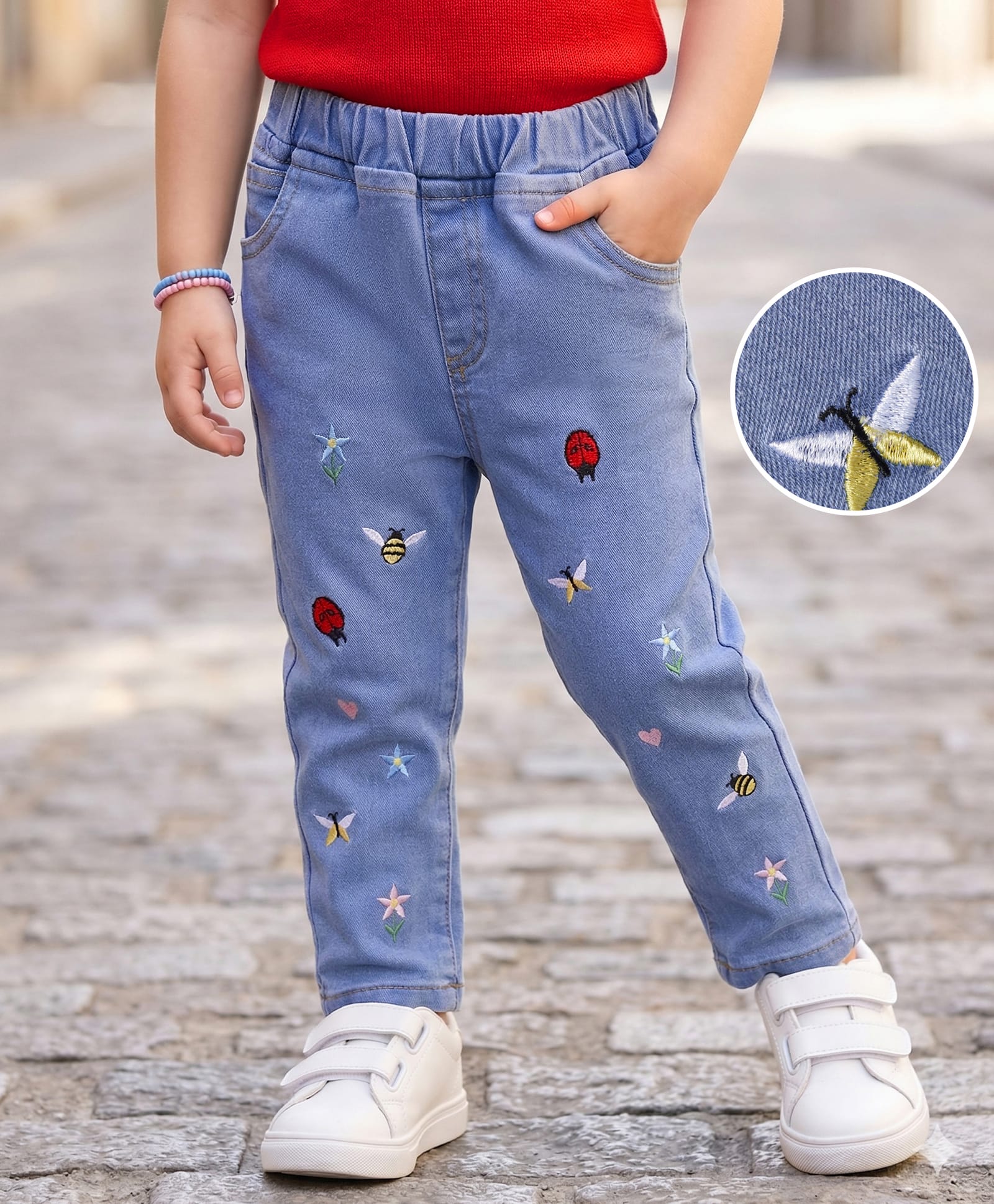 Mark & Mia Cotton Lycra Knit Full Length Denim Jeans with Embroidery Detailing - Blue-image-0