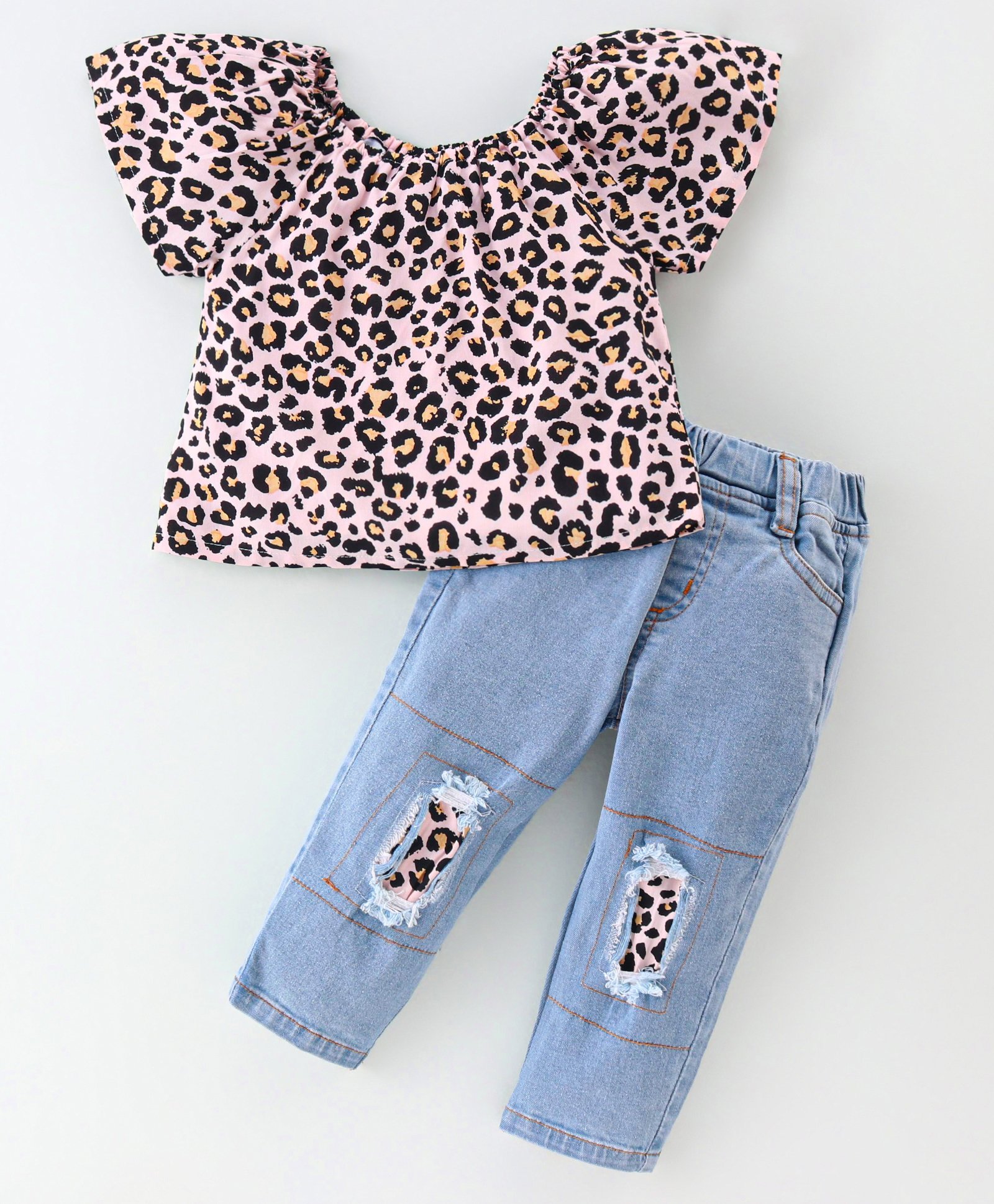 Mark & Mia Cotton Lycra Knit Half Sleeves Printed Top & Full Length Denim Jeans Set with Cheetah Theme Print - Multicolor
