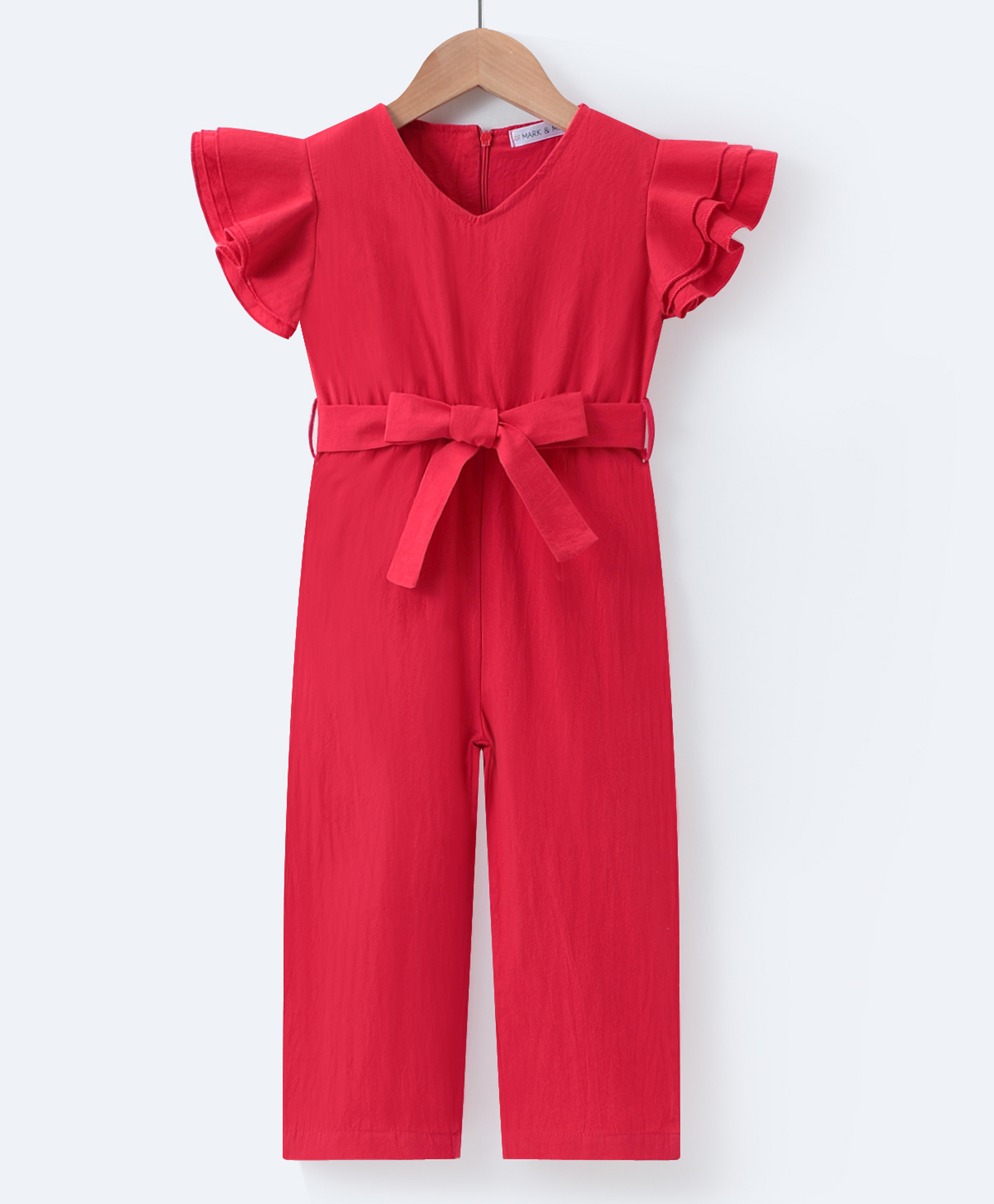 Mark & Mia Cotton Half Frill Sleeves Solid Jumpsuit - Red