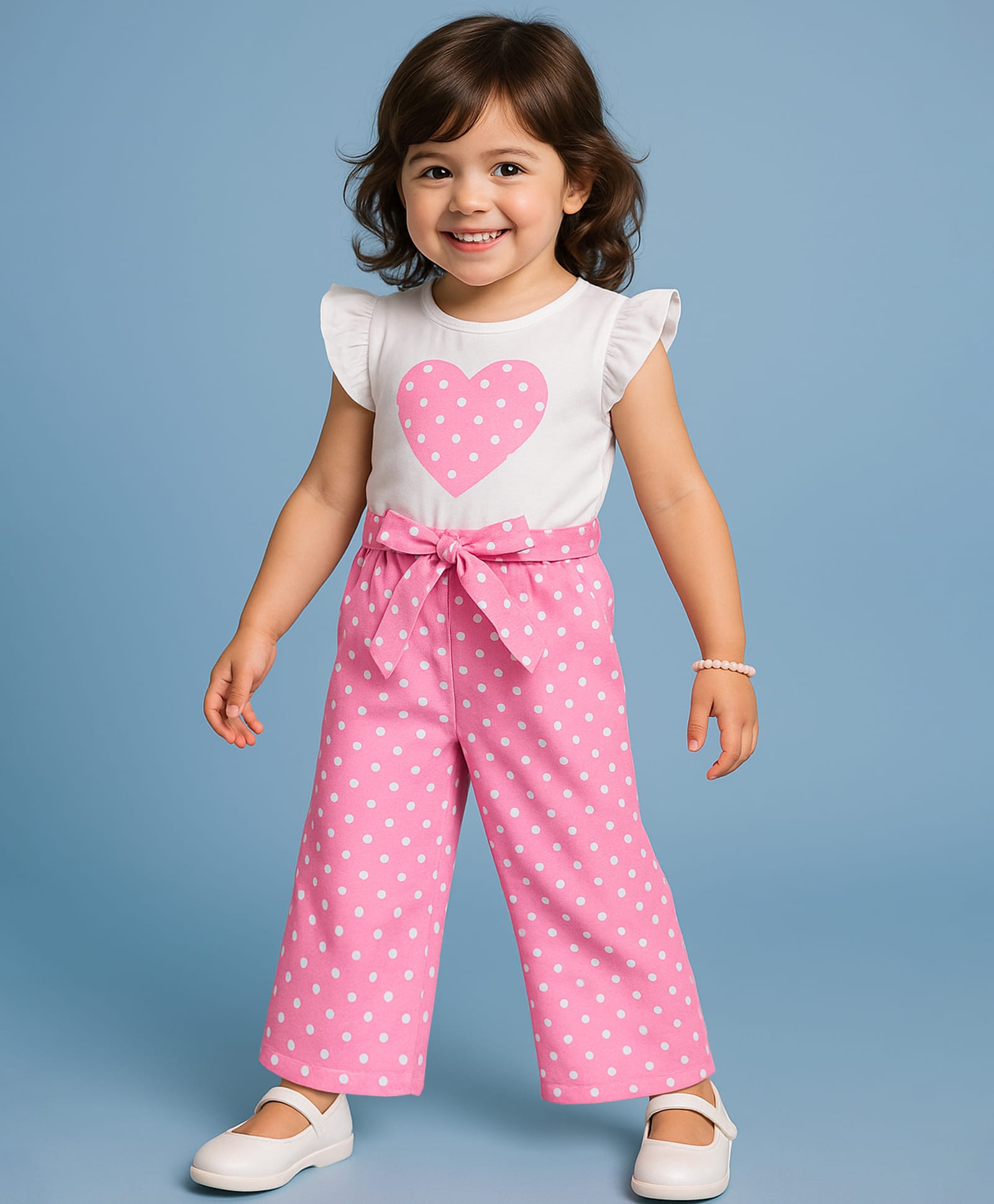 Mark & Mia Frill Sleeves Jumpsuit with Polka Dots & Hearts Print - Pink & White-image-48