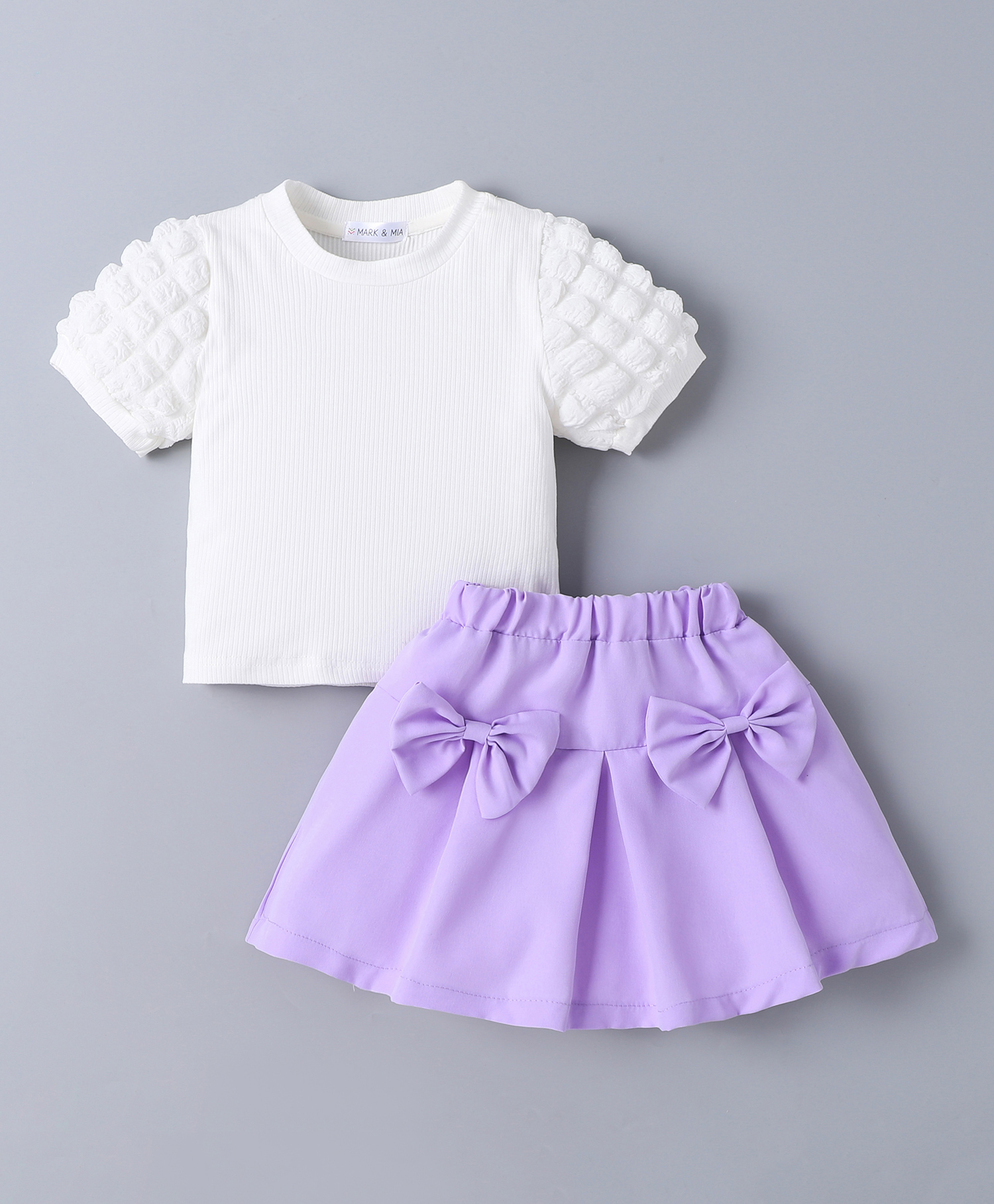Mark & Mia Half Sleees Top & Skirt Set with Bow Detailing - White & Mauve-image-45