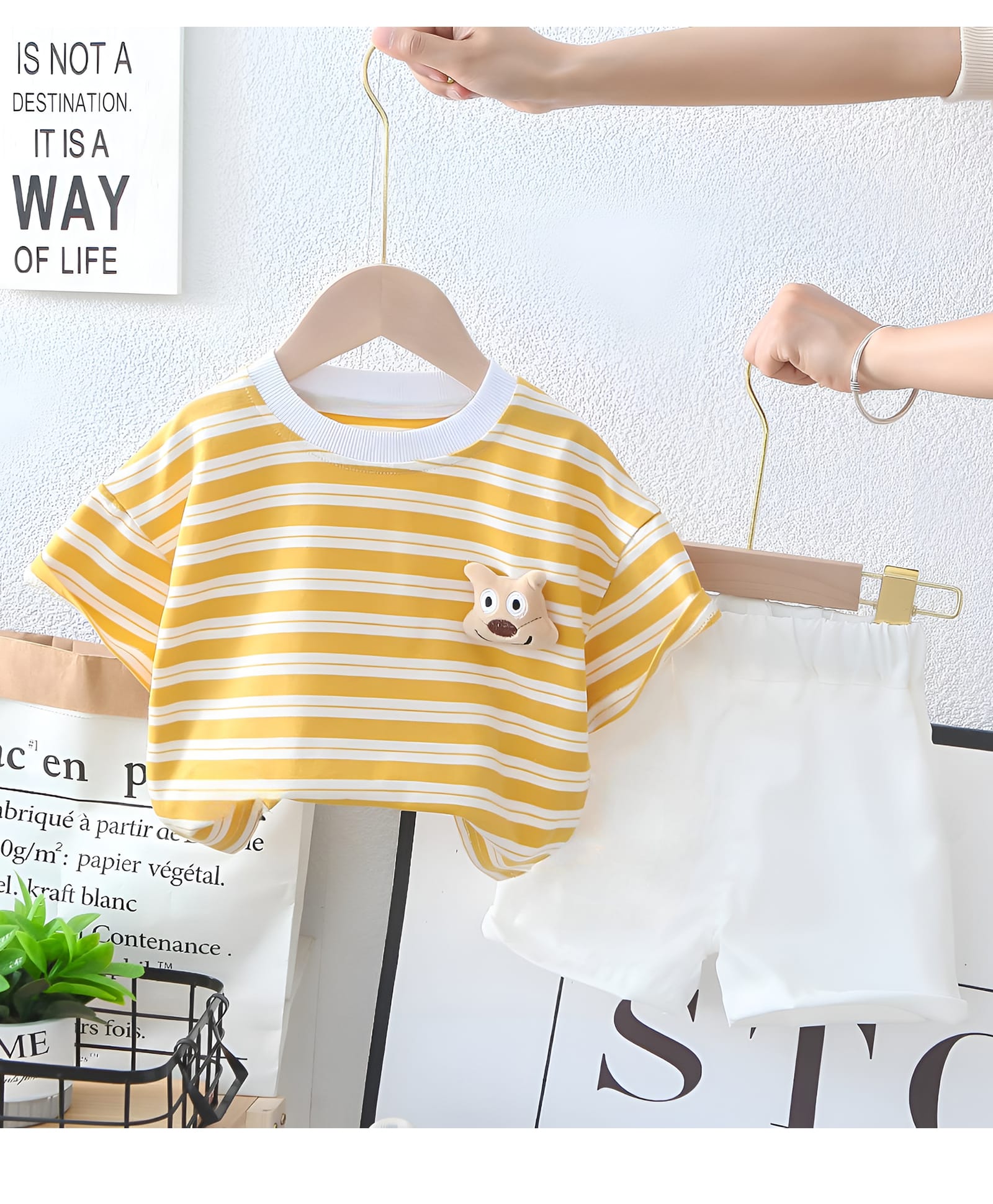 Googo Gaaga Cotton Half Sleeves Animal Applique Detailed & Striped Tee Shorts Set - Yellow-picture-27