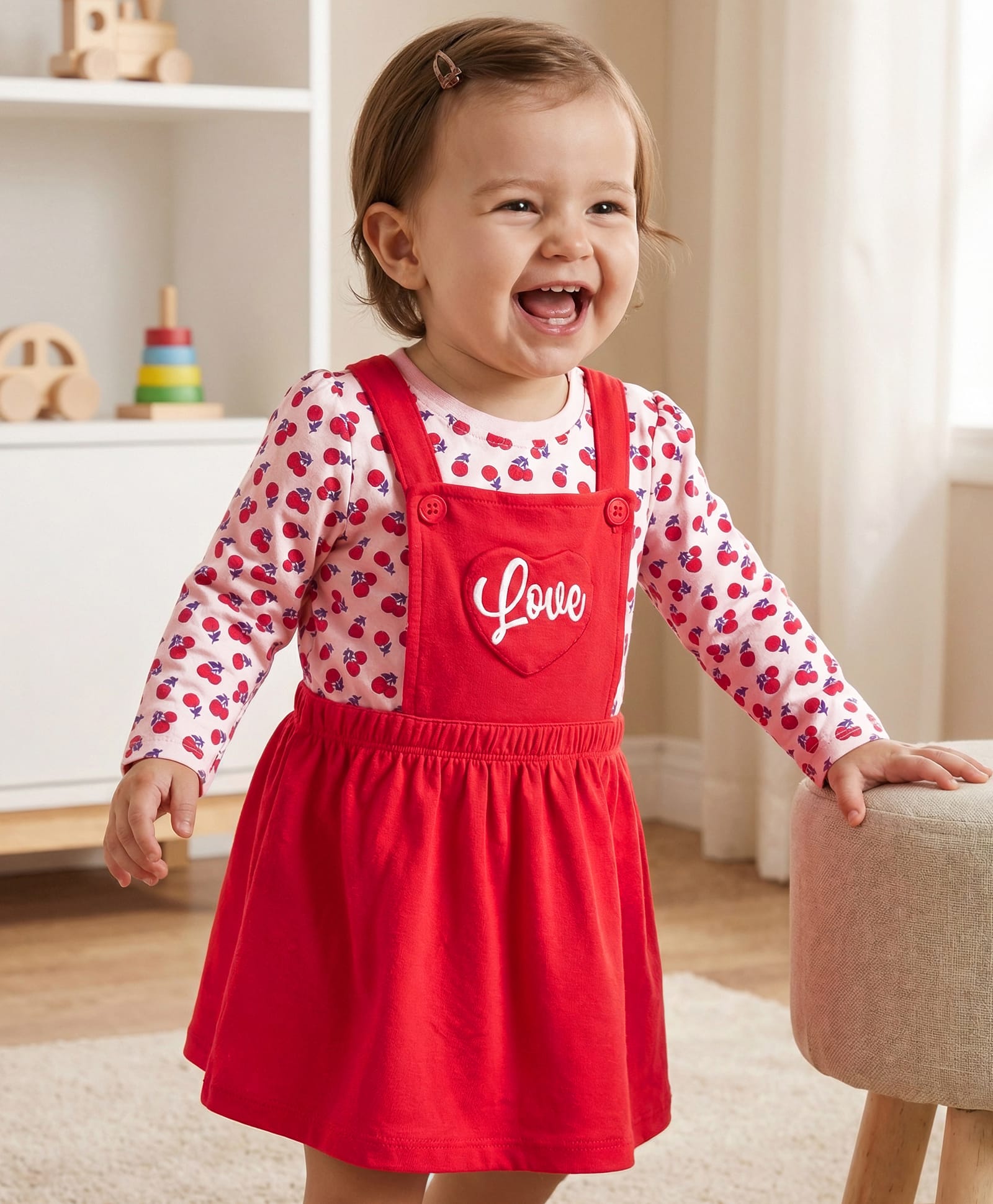 Doodle Poodle Single Jersey Knit Full Sleeves Inner Tee & Frock with Cherry Print - Red & Cream-image-11