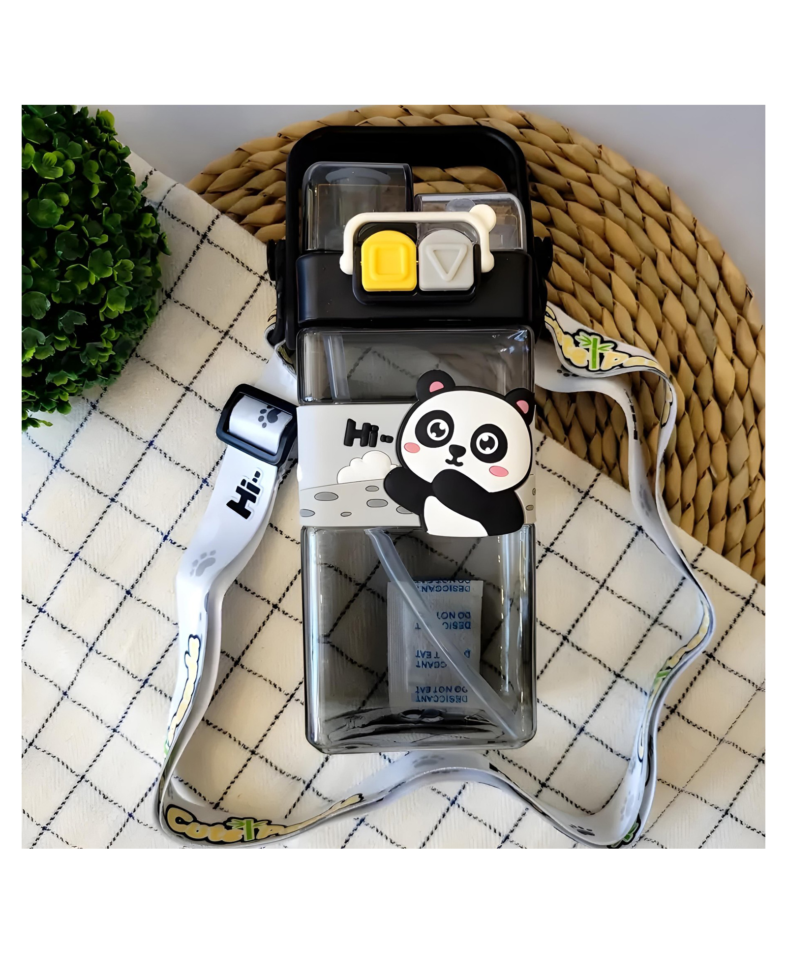Elecart Panda Double Drinking Sipper Water Bottle with Adjustable Strap, Portable, Lightweight, Secure Locking Lid - 520 ml - Black-image-38