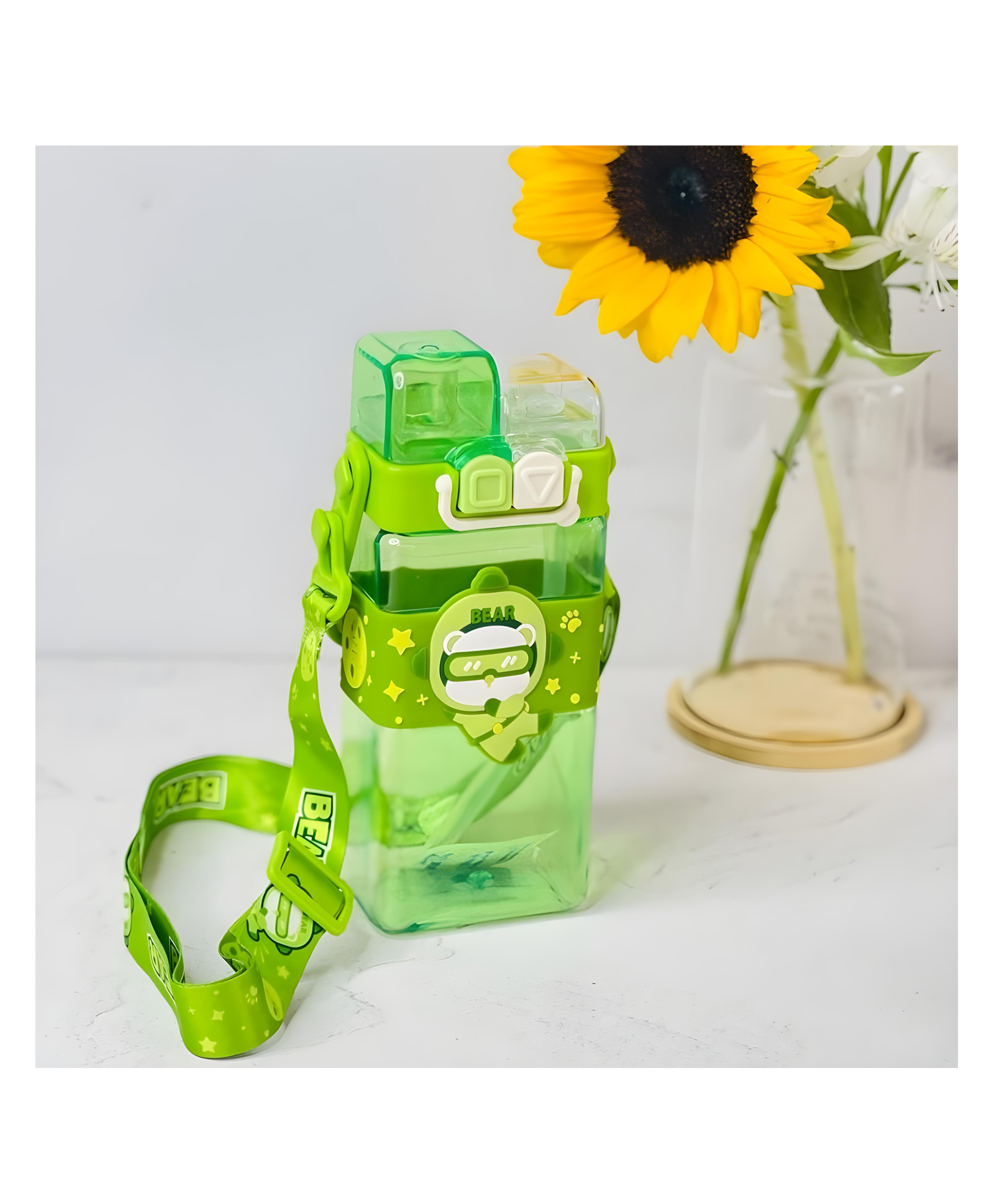 Elecart Bear Double Drinking Sipper Water Bottle with Adjustable Strap, Portable, Lightweight, Secure Locking Lid - 520 ml - Green-image-41