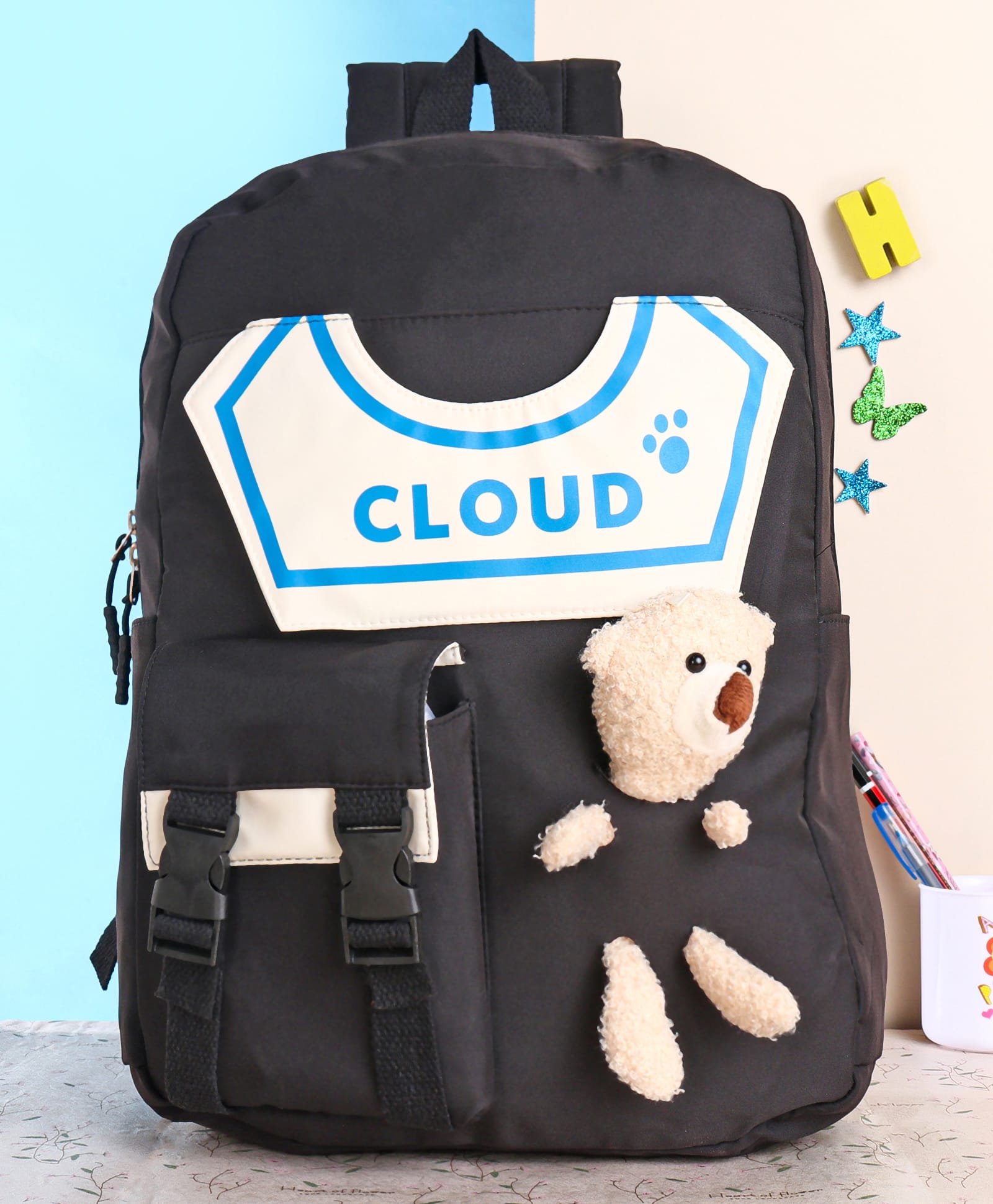 Polo Class Cloud Printed School Bag with Teddy Applique Black - Height 18 Inches-picture-28
