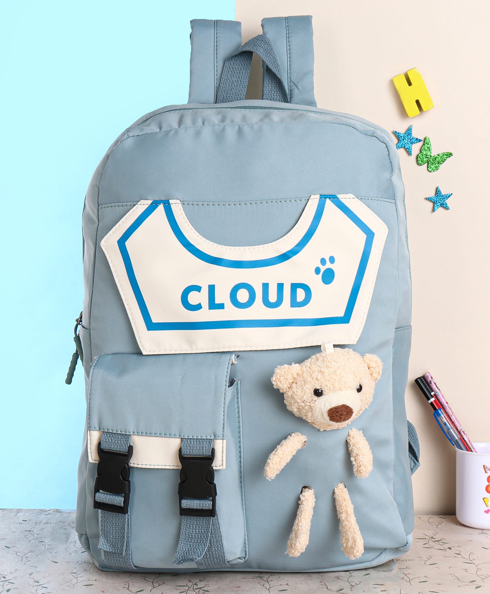 Polo Class Cloud Printed School Bag with Teddy Applique Grey - Height 18 Inches-image-29