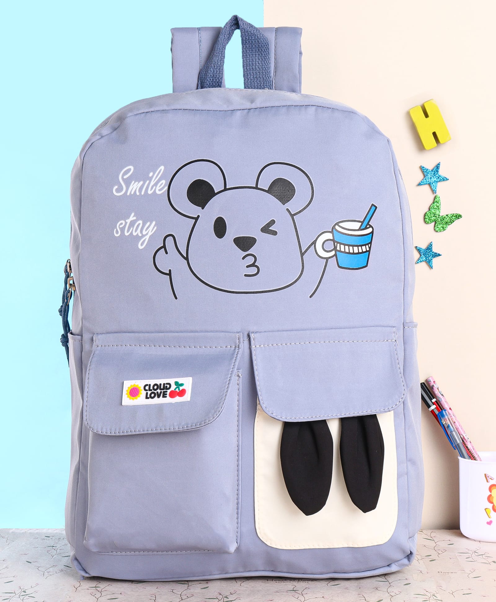 Polo Class Bear Printed School Bag Violet - Height 18 Inches-picture-39
