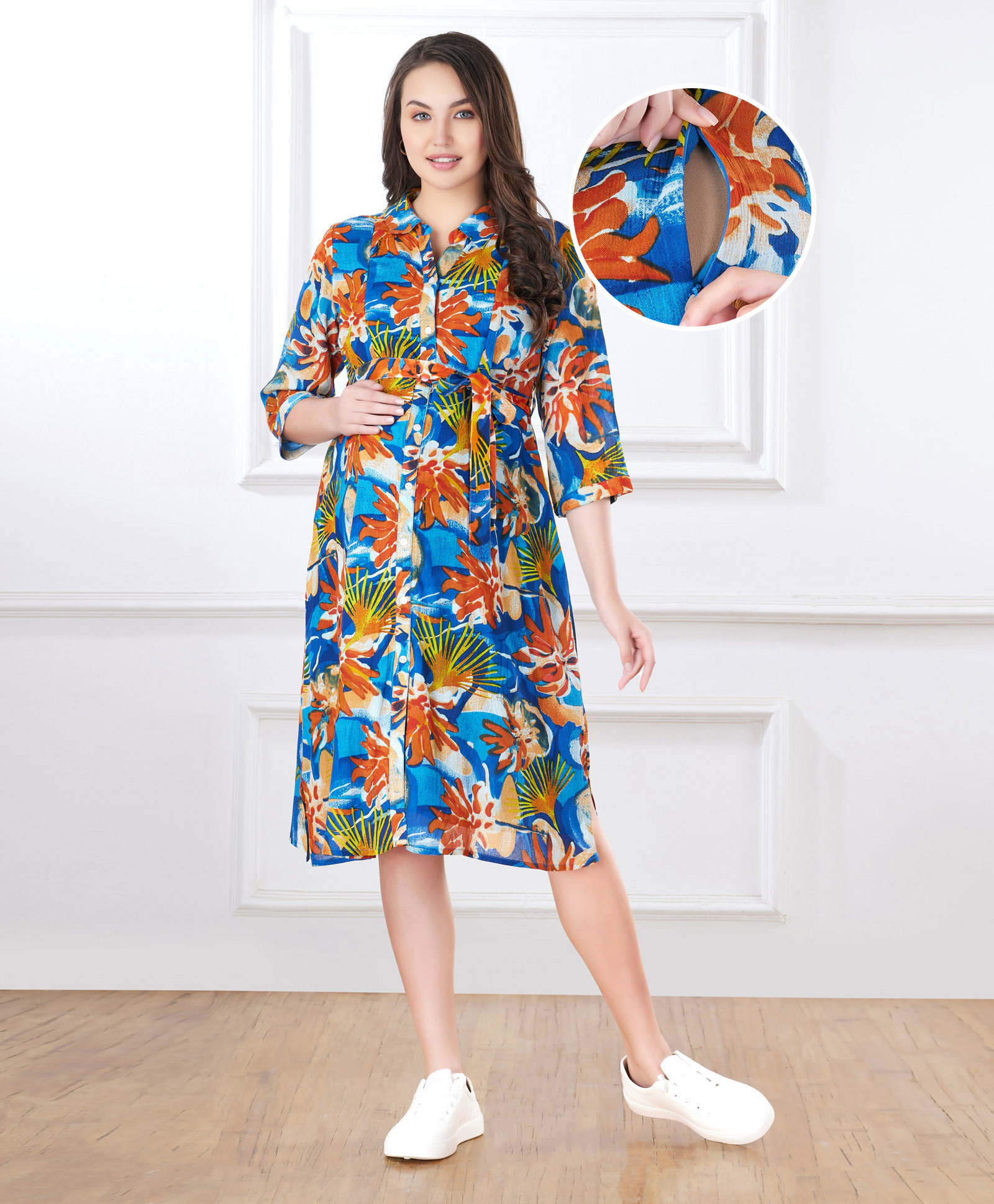 Bella Mama Woven Three Fourth Sleeves Shirt Maternity Dress Flower Print - Blue-image-44