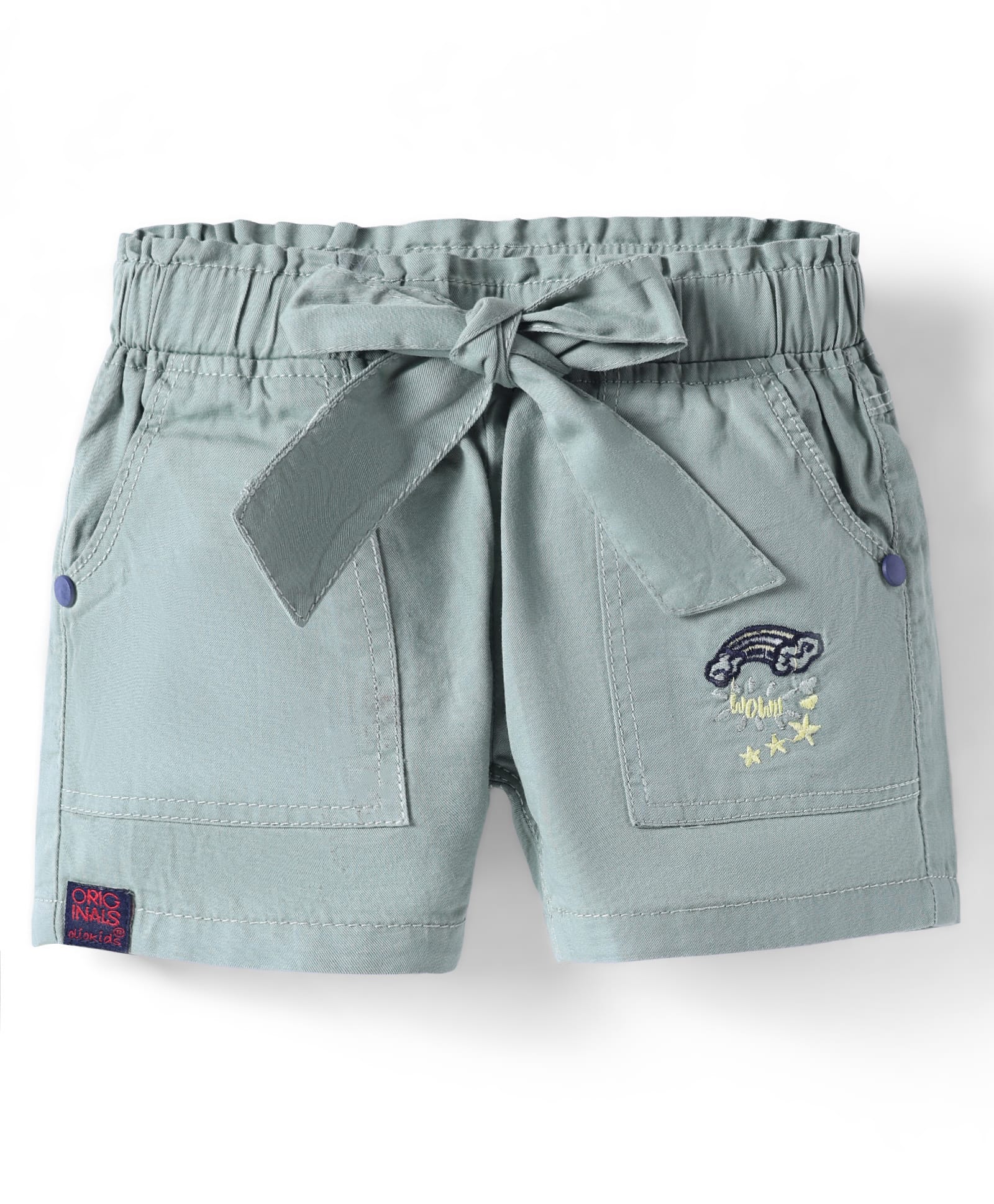 Olio Kids Cotton Knit Above Knee Length Shorts With Rainbow Embroidery & Bow Applique - Olive Green-picture-41