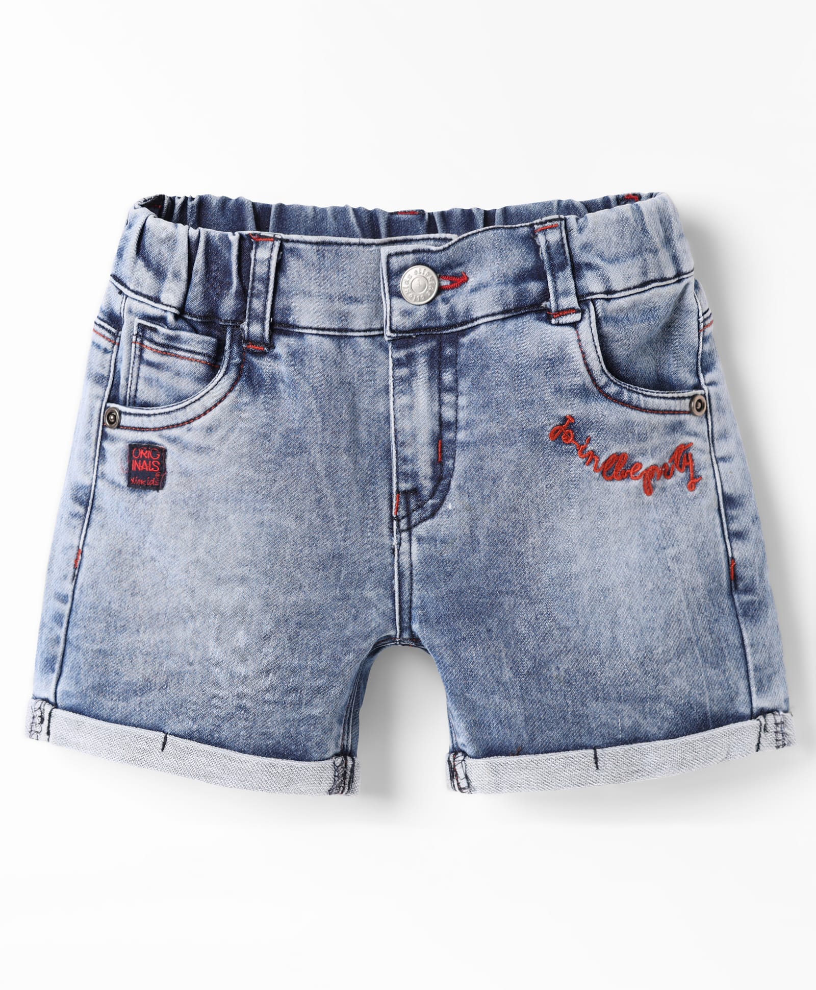 Olio Kids Denim Knit Above Knee Length Shorts with Text Embroidery - Light Blue-picture-18