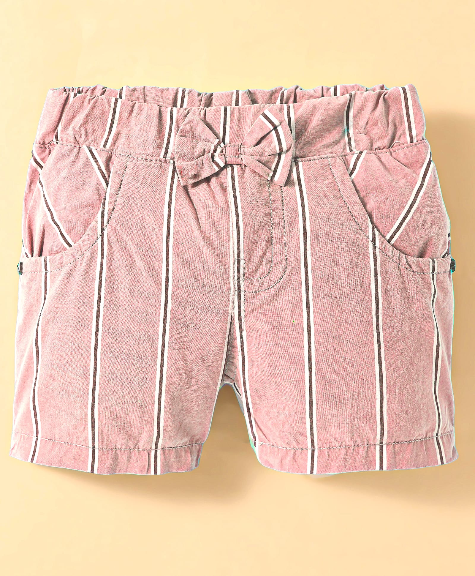 Olio Kids Cotton Knit Above Knee Length Striped Shorts With Bow Applique - Light Pink-picture-14