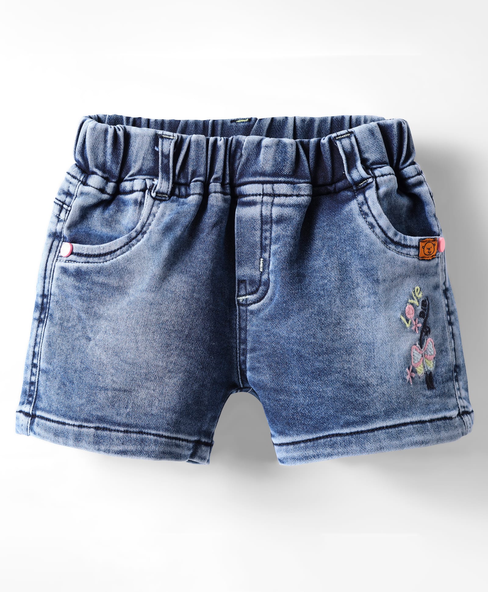 Olio Kids Denim Knit Above Knee Length Shorts with Love & Butterfly Embroidery - Light Blue-image-33